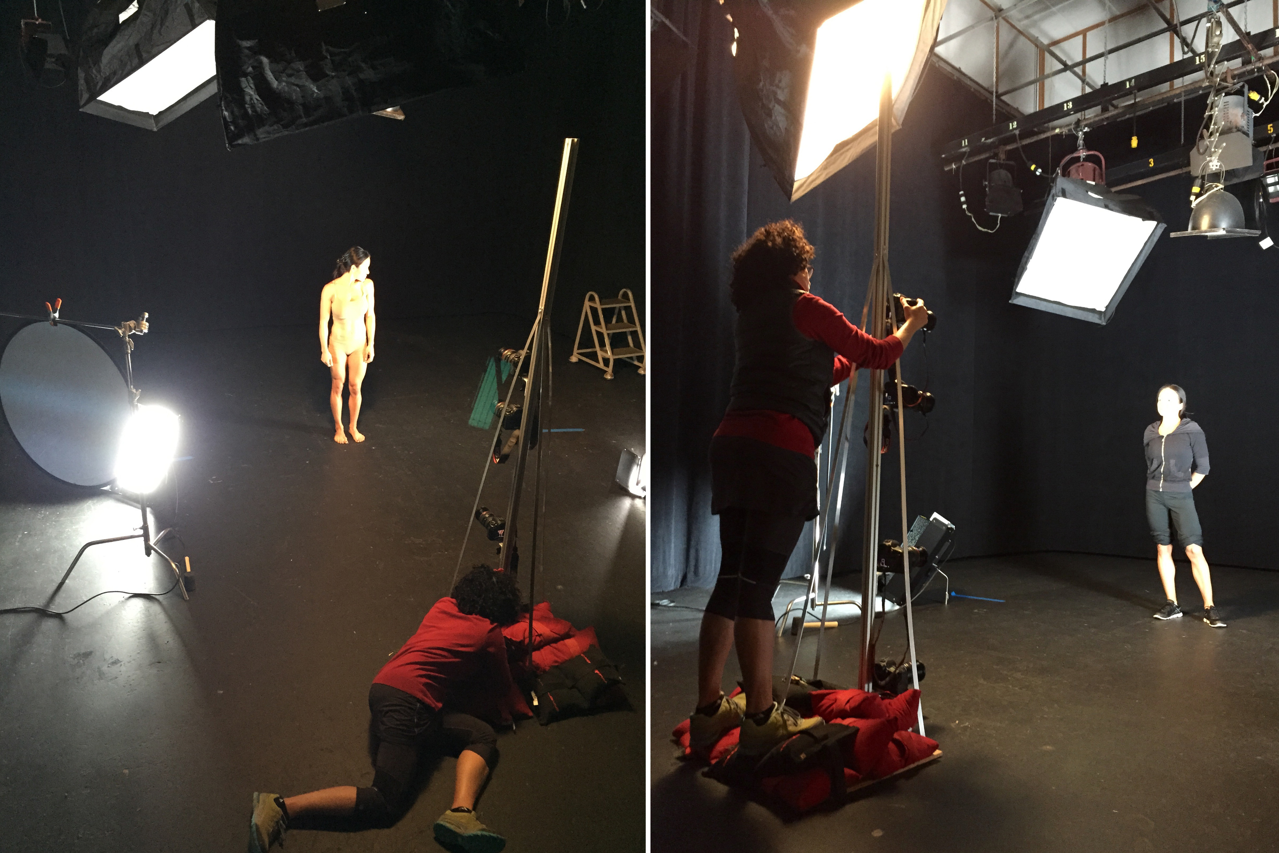 Testing lighting setup, 8ft. telescoping tripod with four cameras built specifically for this project. 