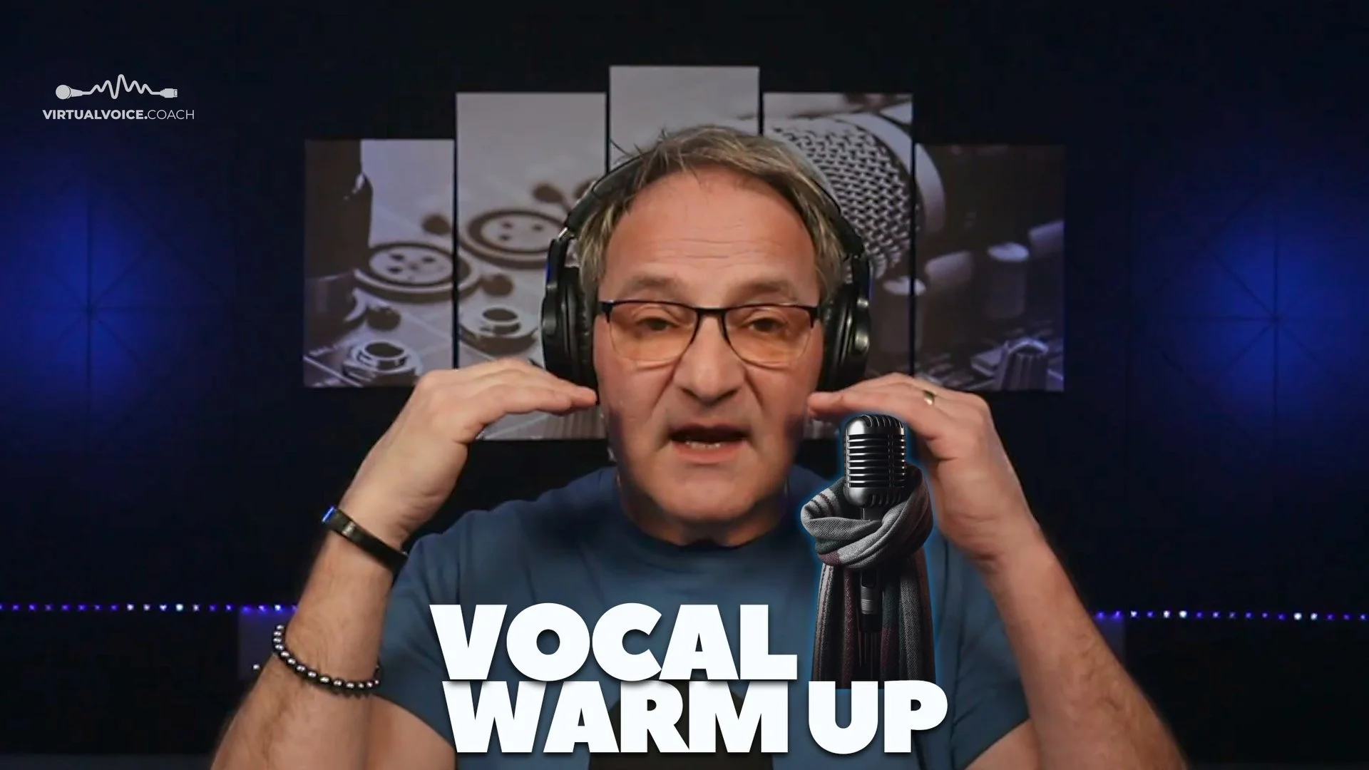 A man wearing glasses and headphones holding his hands near his ears, in front of a microphone, with the words "VOCAL WARM UP" in bold white letters at the bottom, against a dark background with a collage of buttons and a microphone image.