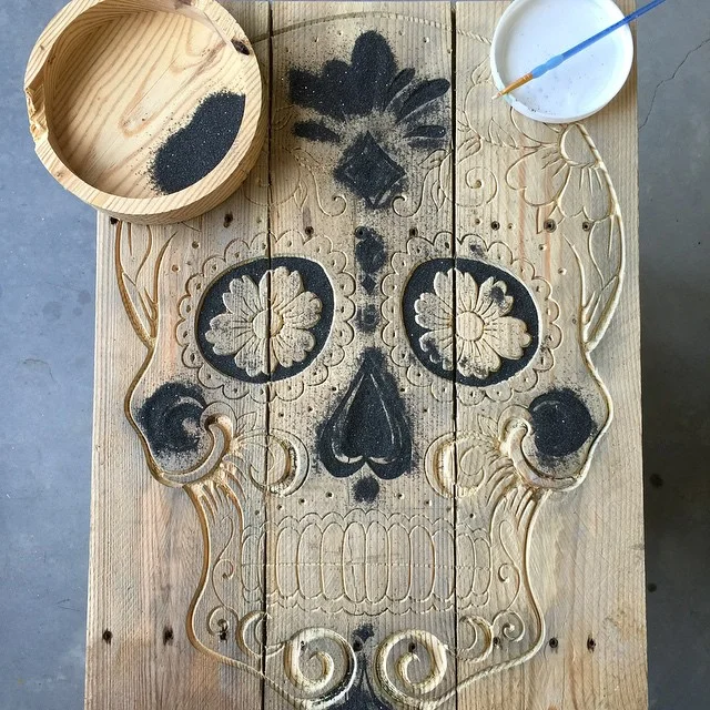 Sugar Skull made from reclaimed wood and black sand