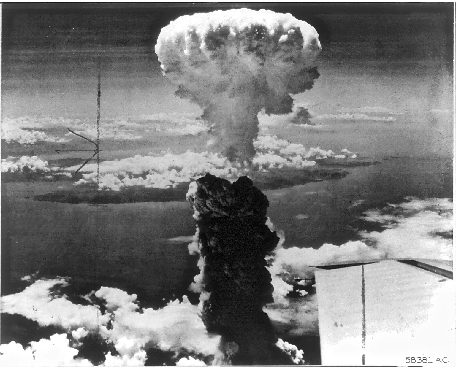 Mushroom cloud from the bombing of Nagasaki, August 9th 1945, image courtesy of the Library of Congress