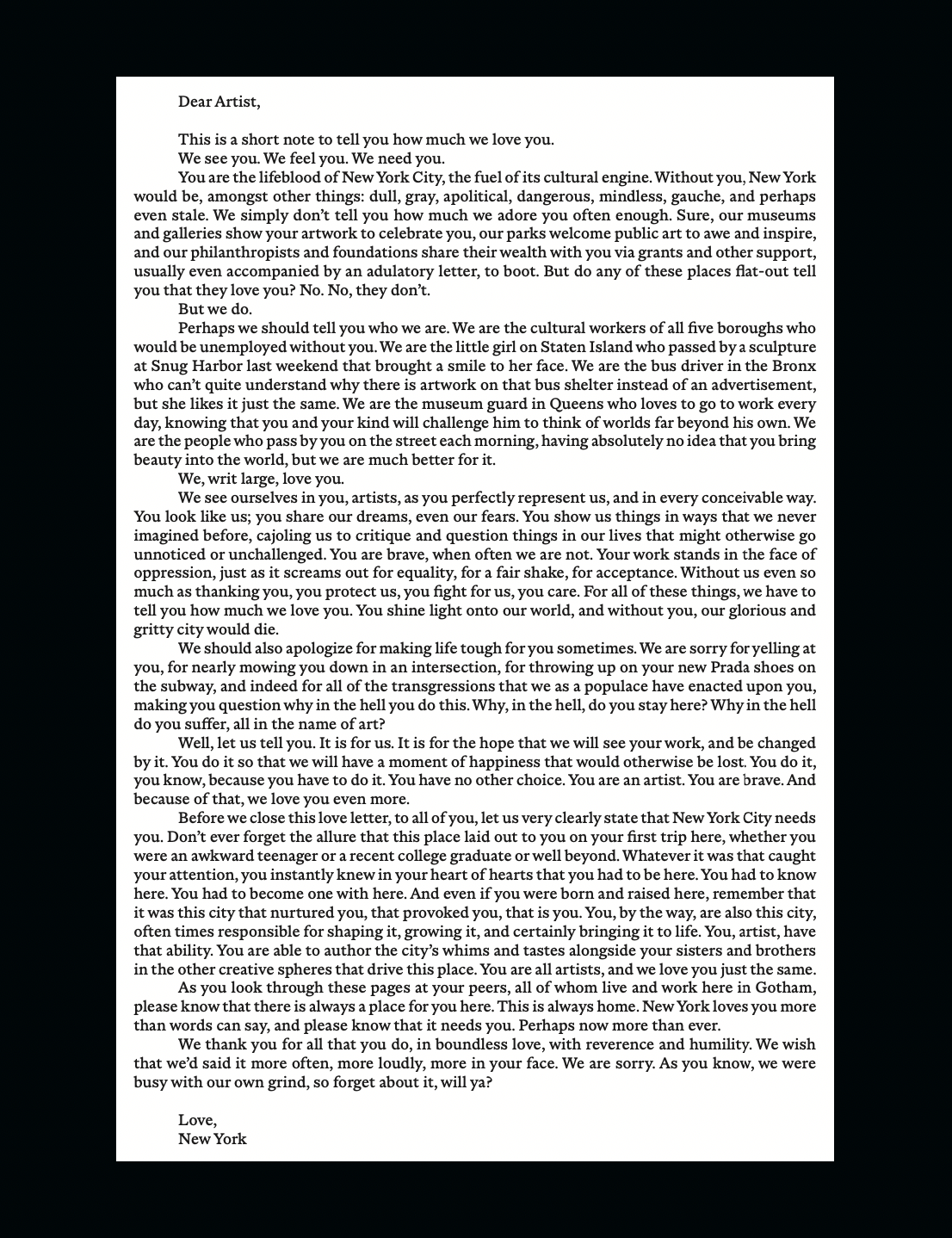 A love letter to artists of New York City