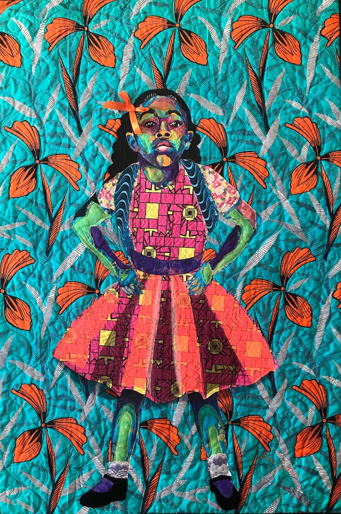 Bisa Butler Anaya with her Backpack, 2017 Cotton, organza, chiffon, lace, and netting 45 x 31 x in., unframed Photo: Claire Oliver Gallery, New York