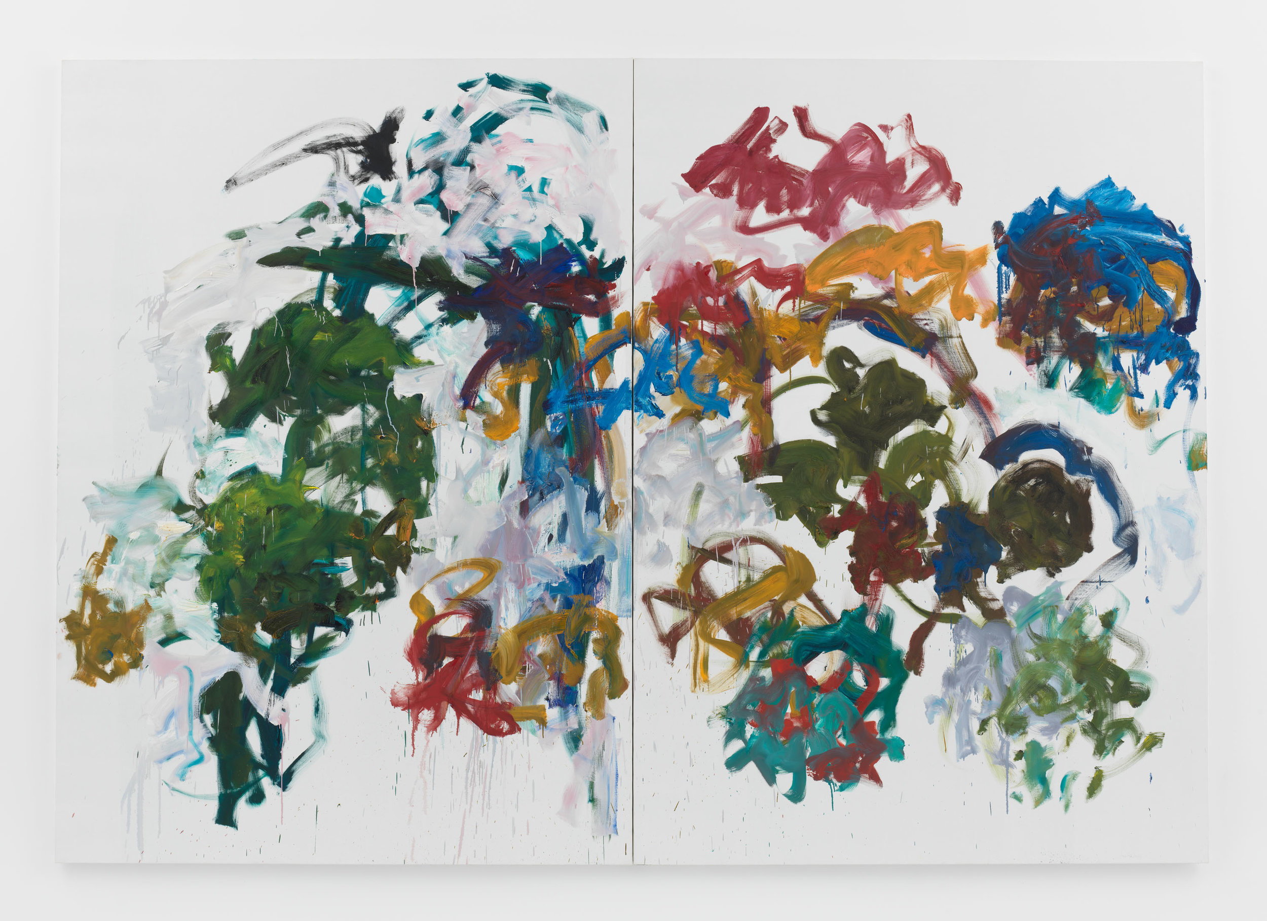   Joan Mitchell,   Sunflowers , 1990-1991, Oil on canvas in two (2) parts, 110 1/4 x 157 1/2 inches, 280 x 400.1 cm 