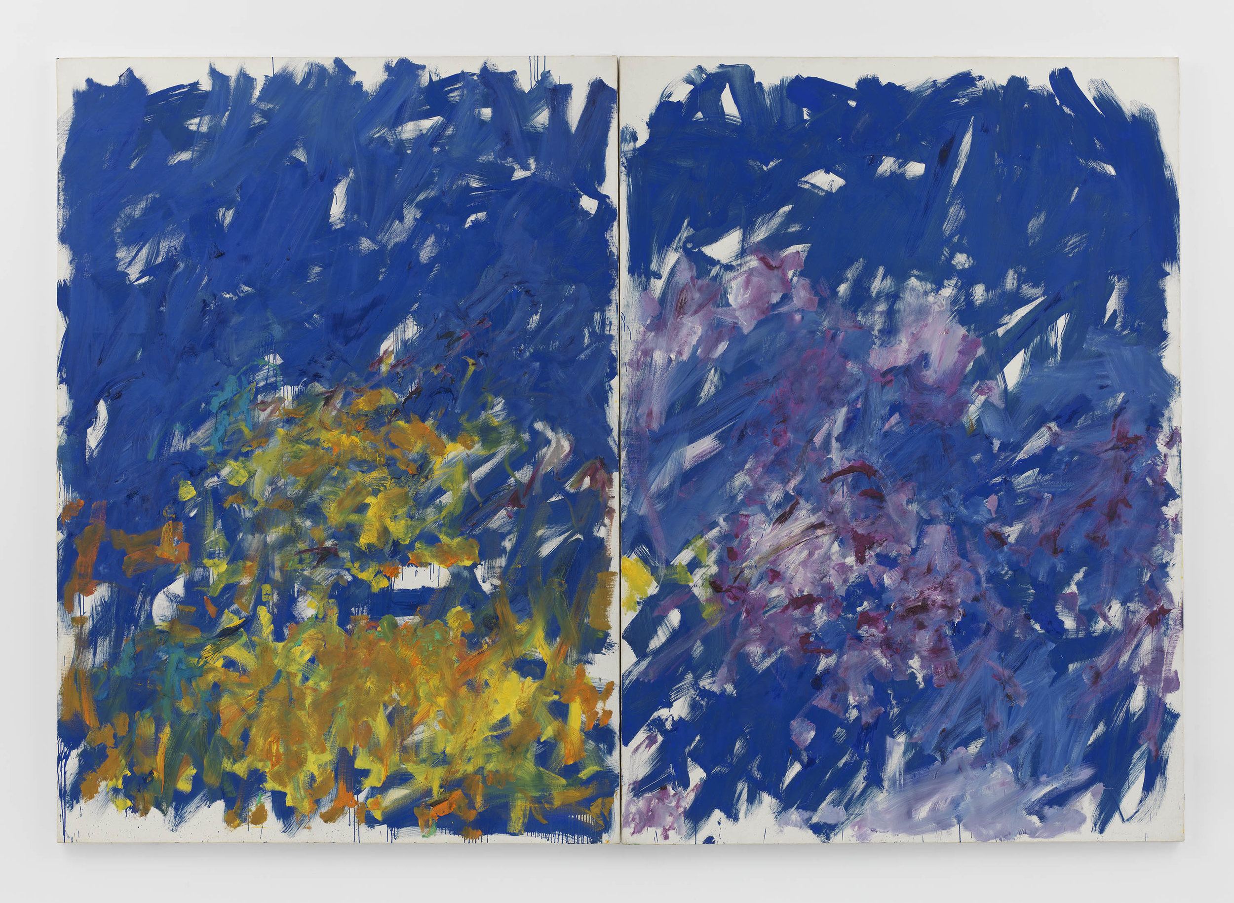   Joan Mitchell ,  Row Row , 1982, Oil on canvas in two (2) parts, 110 1/4 x 157 7/8 inches, 280 x 401 cm 