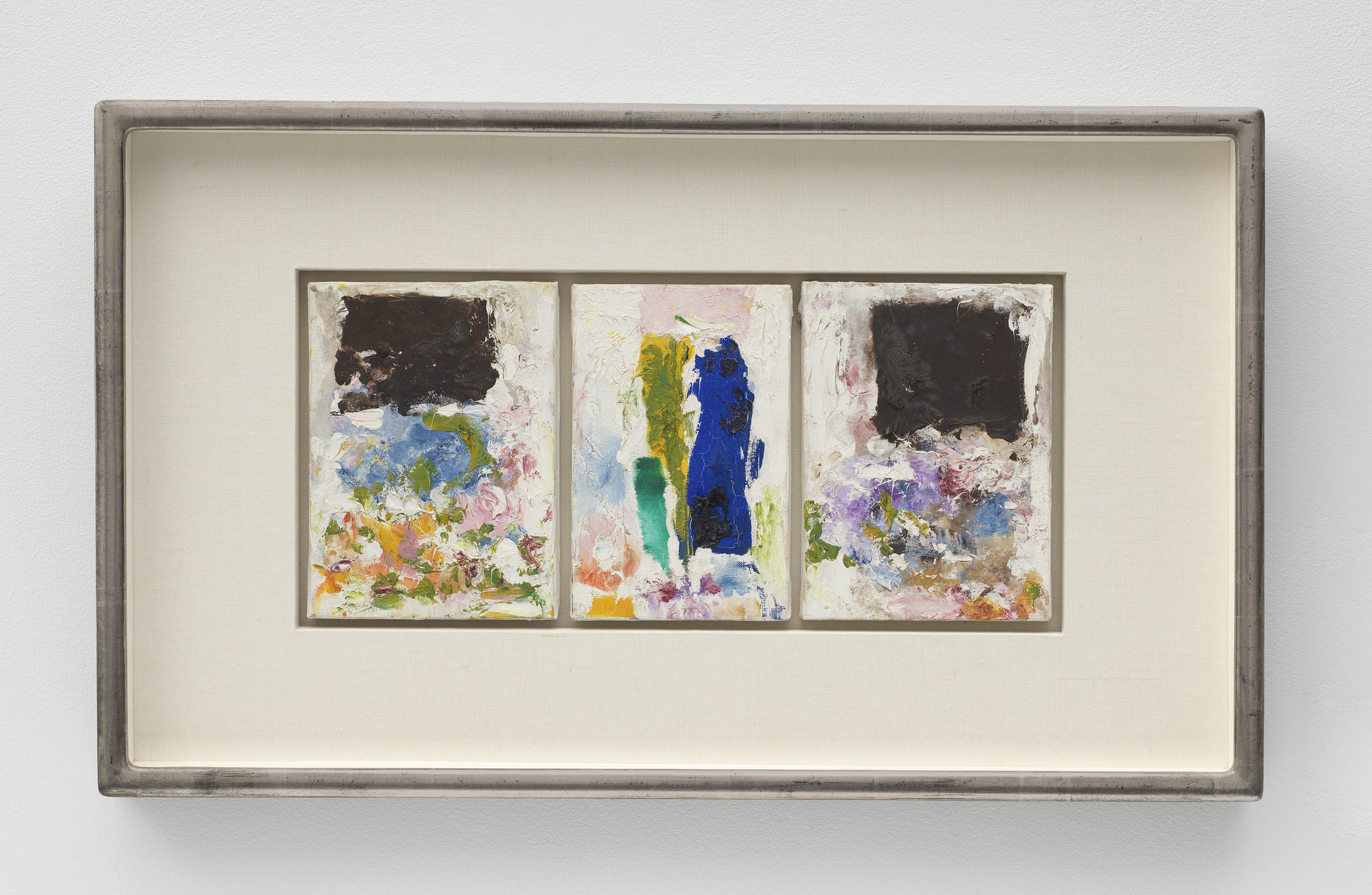   Joan Mitchell,   Untitled , 1974-1975, Oil on canvas in three (3) parts, 8 5/8 x 19 1/8 inches, 21.9 x 48.6 cm, Framed: 17 3/4 x 29 3/4 x 2 inches, 45.1 x 75.6 x 5.1 cm 
