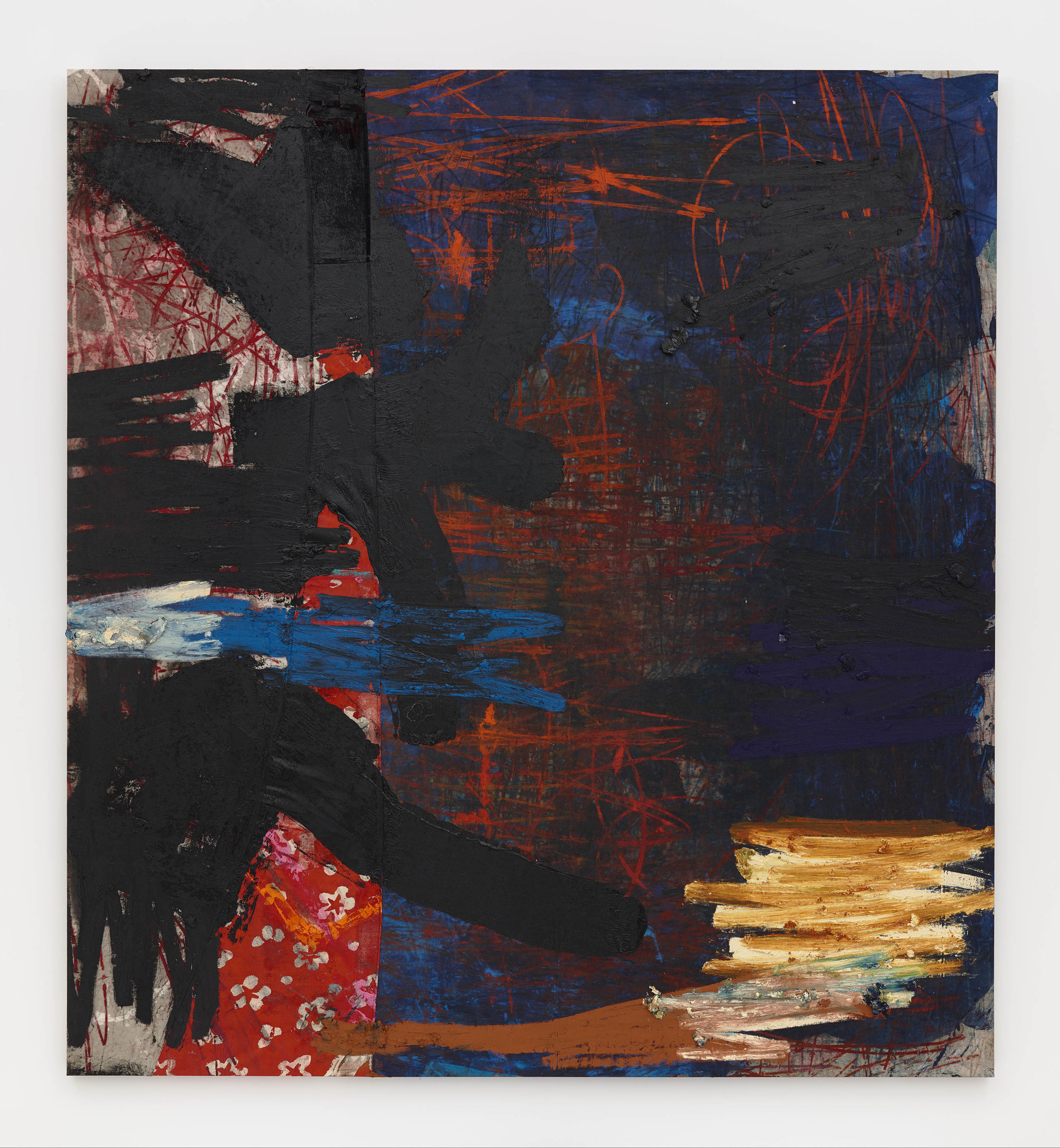   Oscar Murillo,   manifestation , 2019, Oil, oil stick and spray paint on canvas, linen and velvet, 102 3/8 x 94 1/2 inches, 260 x 240 cm 