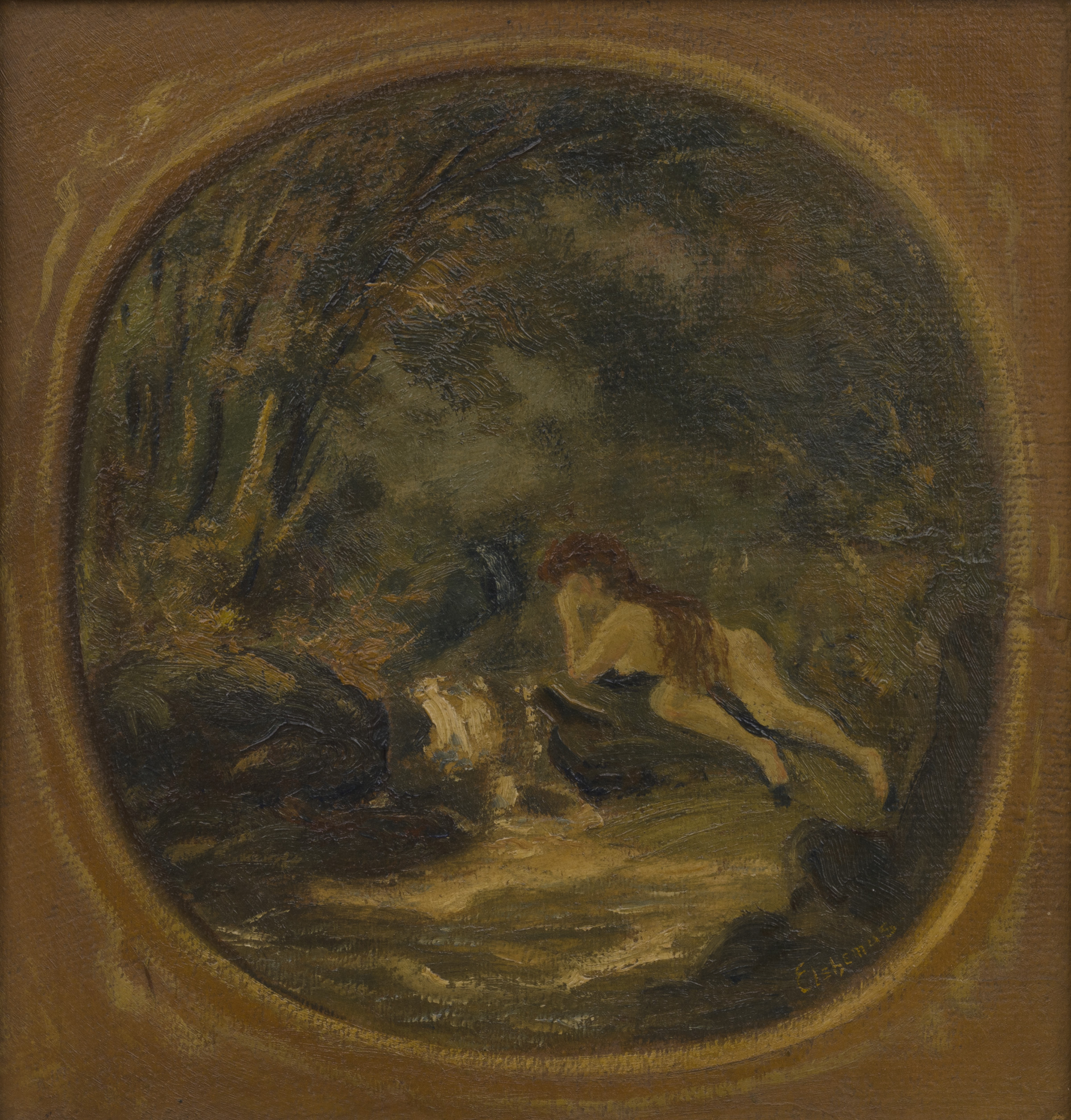   LOUIS MICHEL EILSHEMIUS   Untitled (nude in a landscape) , ca. 1909 - 1913, Oil on canvasboard, 12 x 11 1/2 in 