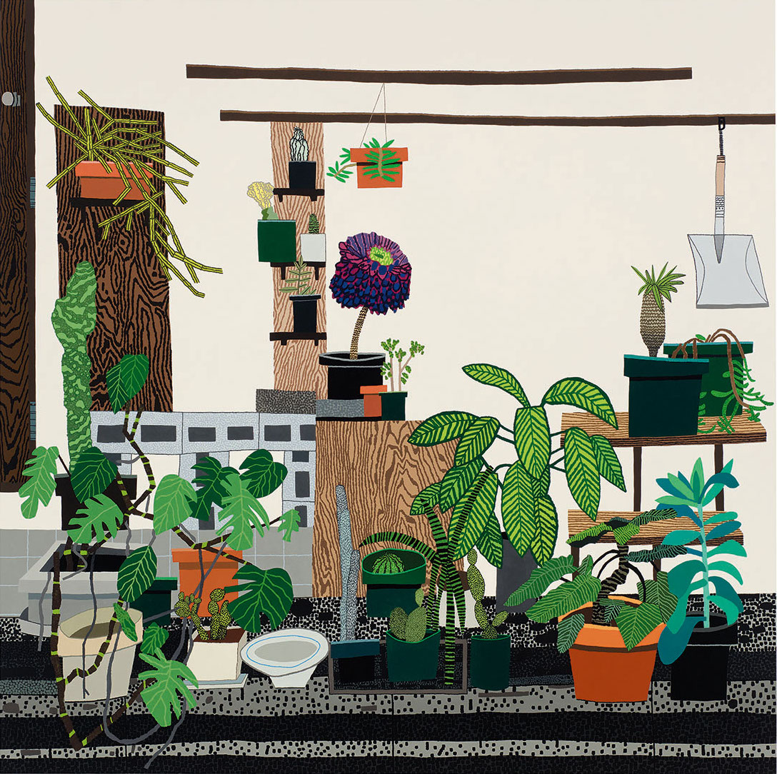  JONAS WOOD  Still Life with Wood Panels,  2018 Oil and acrylic on canvas 82 x 82 in 208.3 x 208.3 cm  © Jonas Wood. Photo: Brian Forrest. Courtesy the artist and Gagosian.  