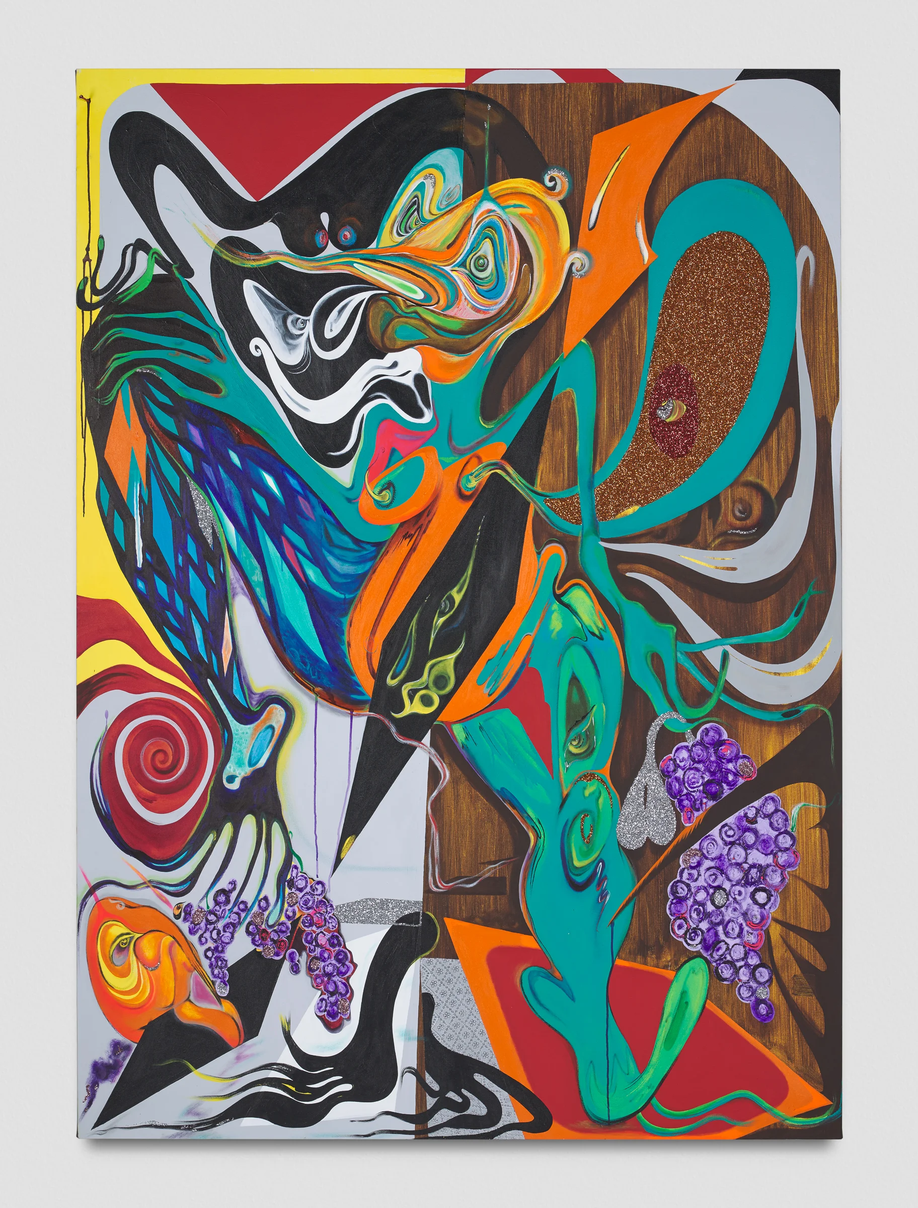 Theresa Chromati She’s Got the Juice, 2019 Acrylic, glitter, vinyl and nail on canvas 84 x 60 inches Photo by Elon Schoenholz