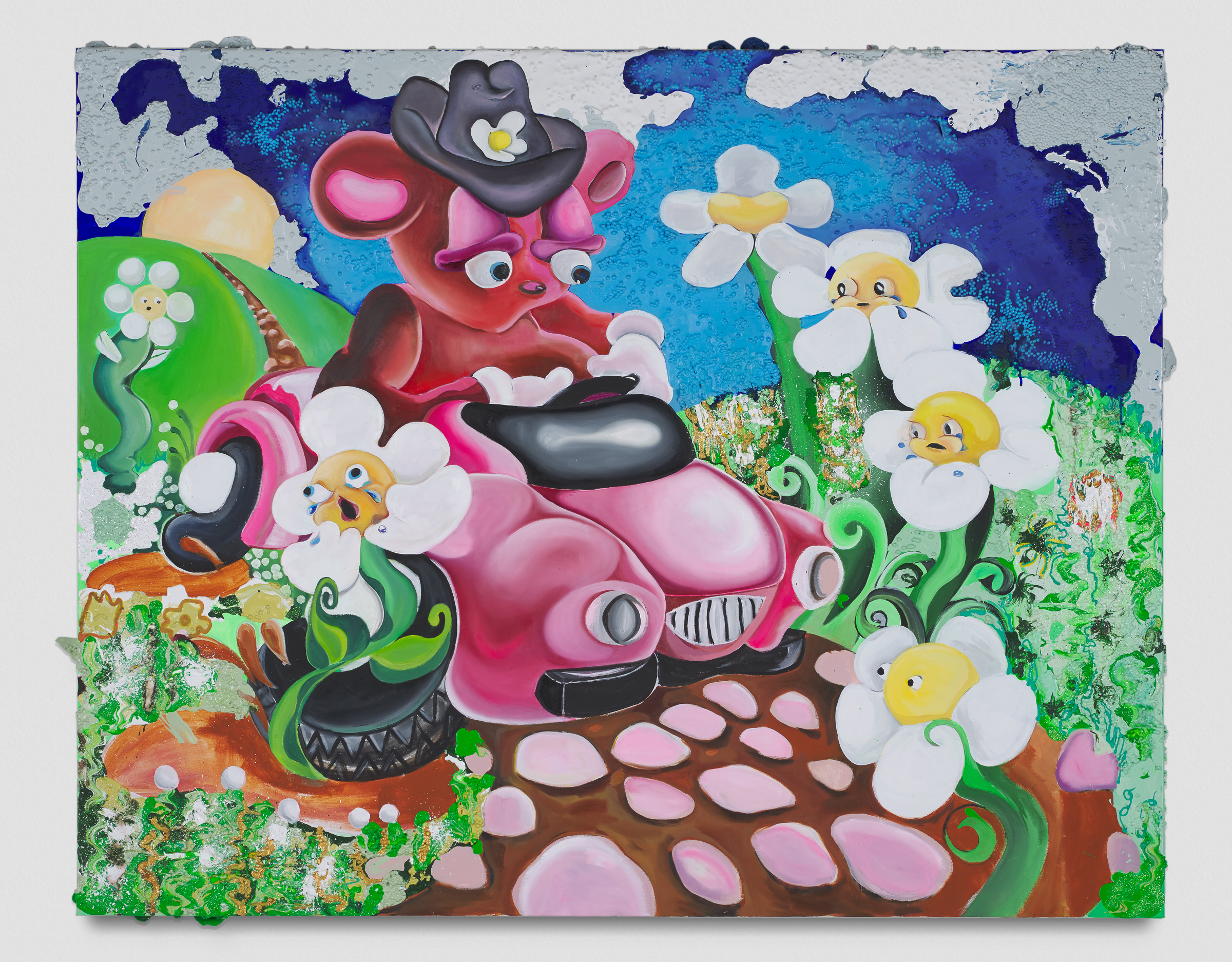   Alake Shilling   Buggy Bear is Out Of Control On The Long and Winding Road,  2019 Oil, flashe, acrylic, styrofoam, glitter 50 x 60 inches Photo by Elon Schoenholz 