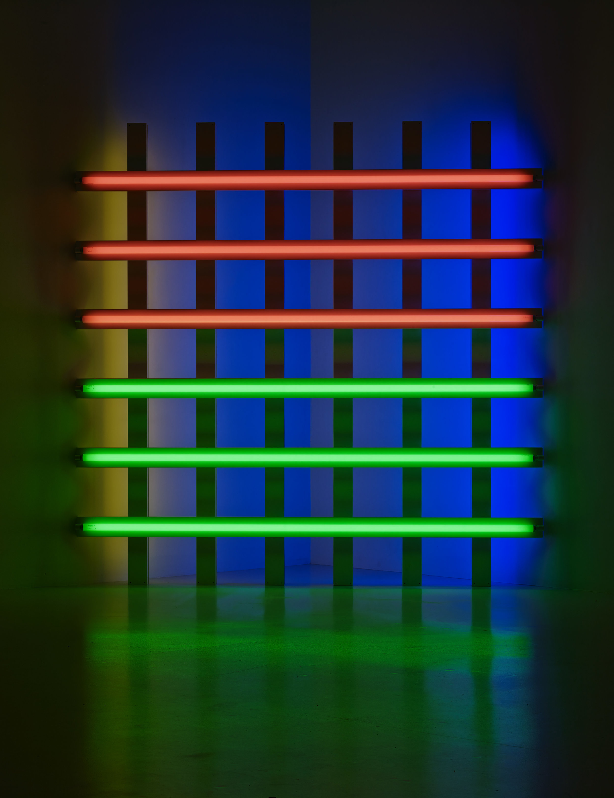   Dan Flavin  Untitled (for you, Leo, in long respect and affection) 1   , 1977  Pink, green, yellow and blue fluorescent light 244.5 x 244.5 x 18.5 cm Collection Fondation Louis Vuitton, Paris. © Adagp, Paris, 2019 Picture: © Louis Vuitton / Jérém