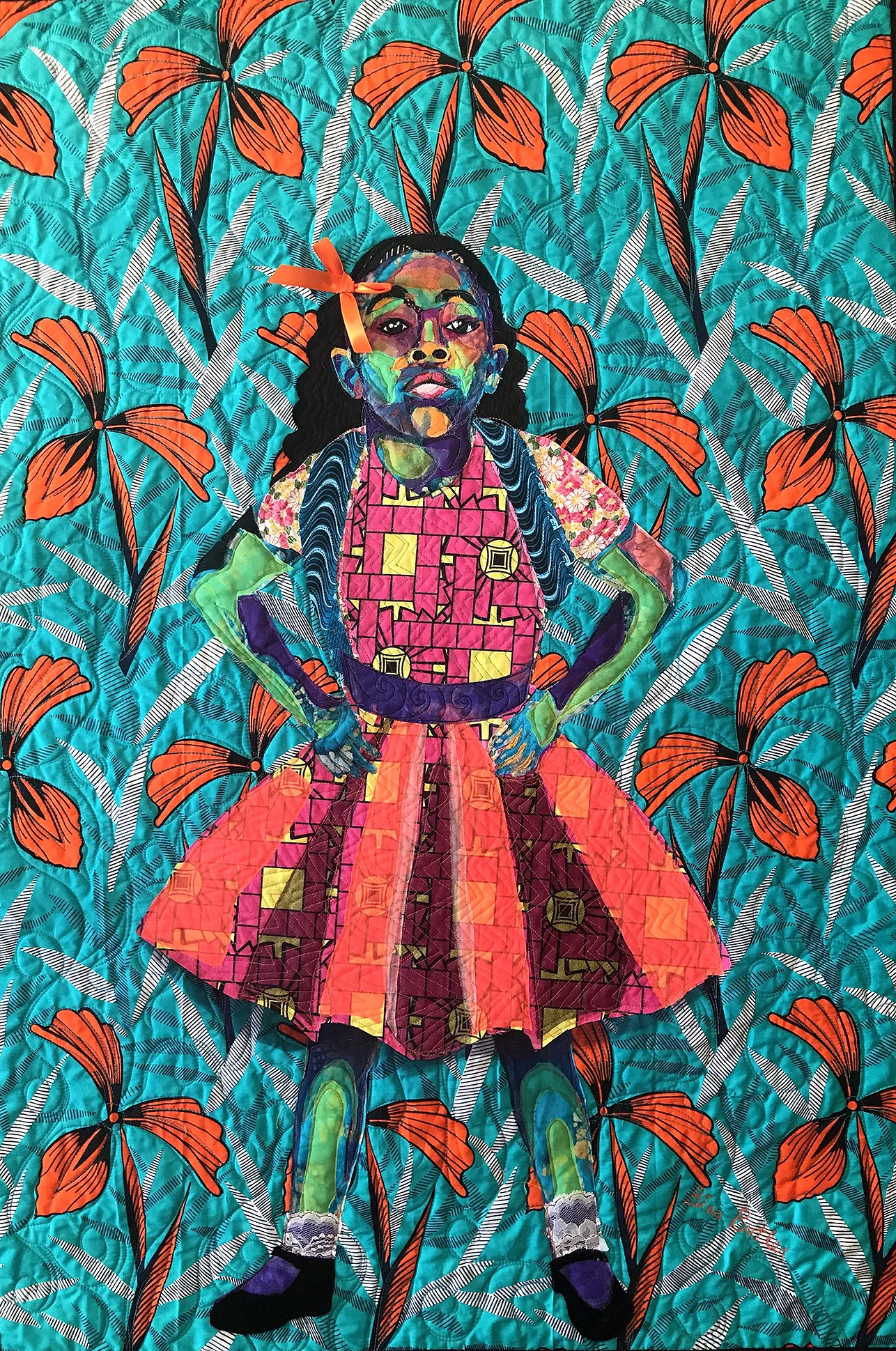 Bisa Butler “Anaya with her Backpack”, 2017 cotton, organza, chiffon, lace, and netting 44" x 30"