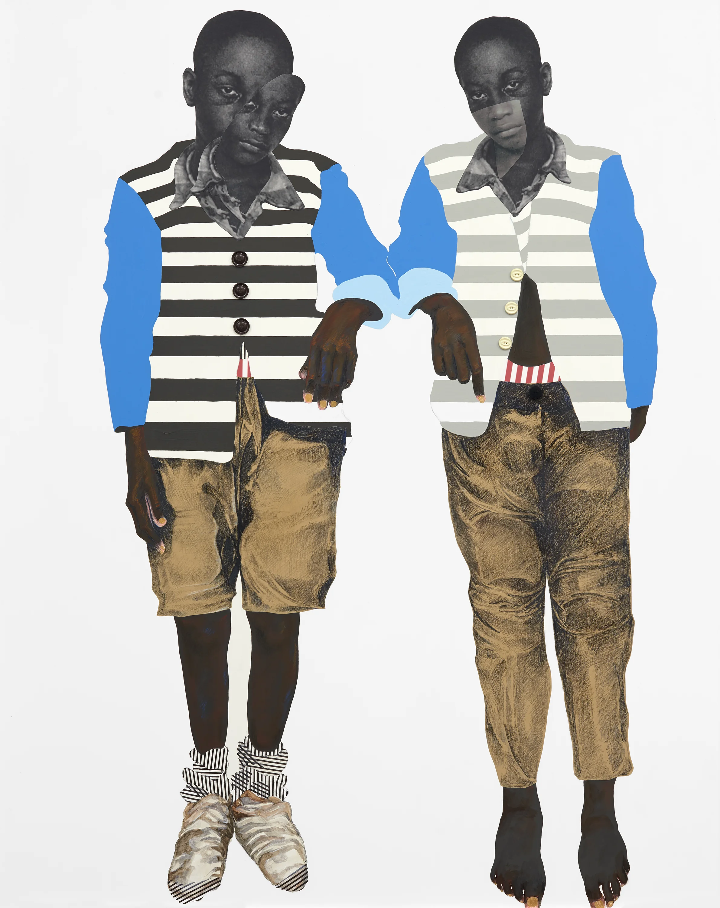 Deborah Roberts He looks like me (2019) paper, pastel, tissue, buttons, ink, and acrylic on panel 61 1/4" x 49 1/2" inches *MADE FOR PLUMB LINE