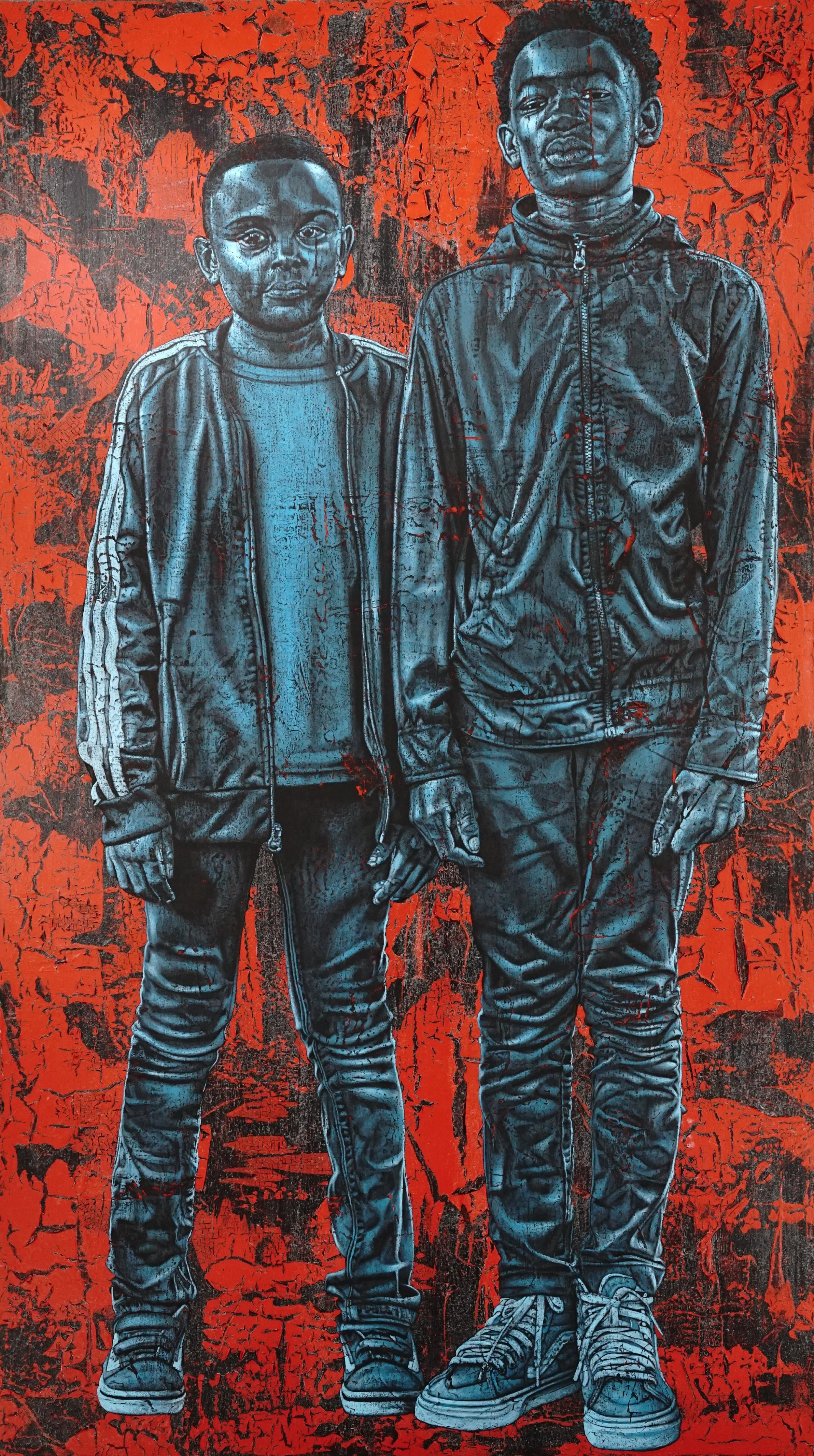 Alfred Conteh “DJ and Tay,” 2019 Acrylic on Canvas Approximately 84x32-37 inches, *MADE FOR PLUMB LINE