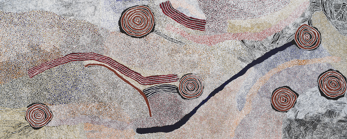  BILL WHISKEY TJAPALTJARRI  Rockholes and Country Near the Olgas , 2007 Synthetic polymer paint on linen 80 3/4 x 118 1/8 in 204.9 x 300 cm  © Bill Whiskey Tjapaltjarri Photo: Rob McKeever Courtesy Gagosian  