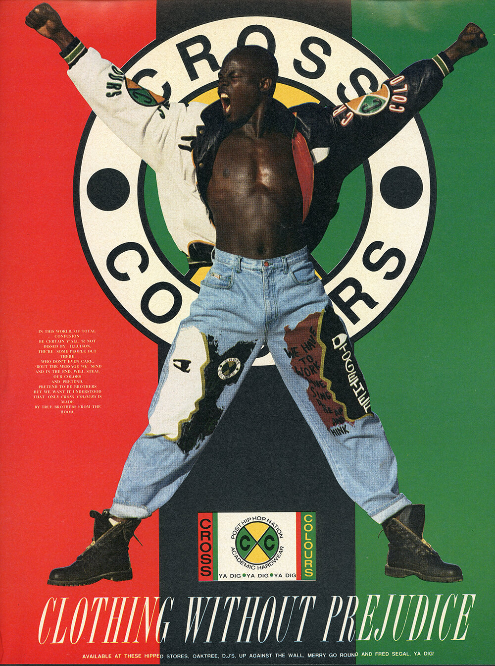  Cross Colours advertisement in URB magazine featuring Djimon Hounsou, ca. 1991. Photo by Michael Segal. Courtesy the Cross Colours Archive. 