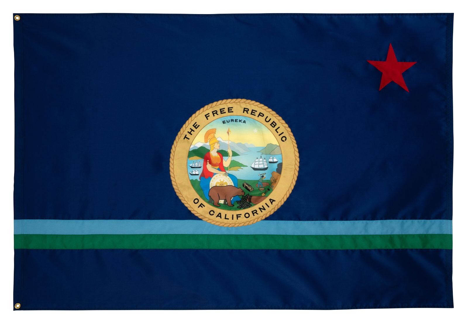  Cole Sternberg  the official flag of the free republic of california,  2020 Ink and stitched applique nylon 48” x 72” 
