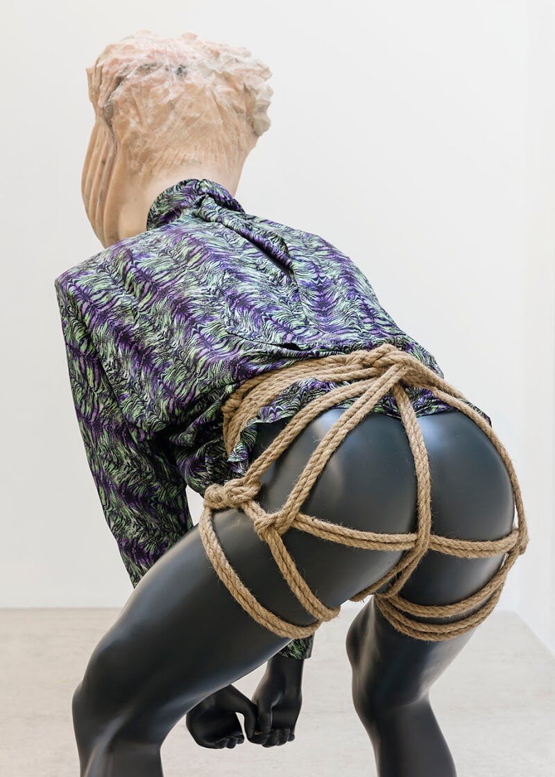  Bojan Sarcevic  Homo Sentimentalis (hanche),  2020 Marble block, chest freezer, frost, sound system, mannequin, carved marble, silk blouse, jute rope Block: 93 x 210,5 x 127 cm (36 5/8 x 82 7/8 x 50 inches) Mannequin: 167 x 100 x 67 cm (65 3/4 x 39 