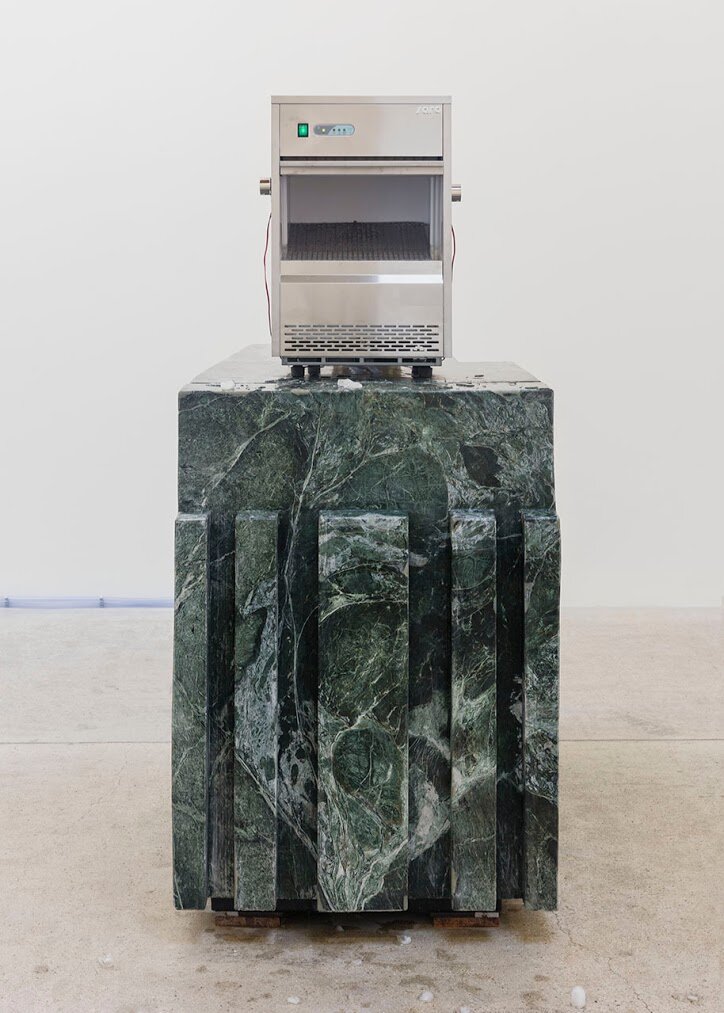  Bojan Sarcevic  New Emotional Style,  2020 Marble block, ice cube machine, ice, sound system, carved marble, limestone, birch wood 179 x 81 x 169 cm (70 1/2 x 31 7/8 x 66 1/2 inches) 