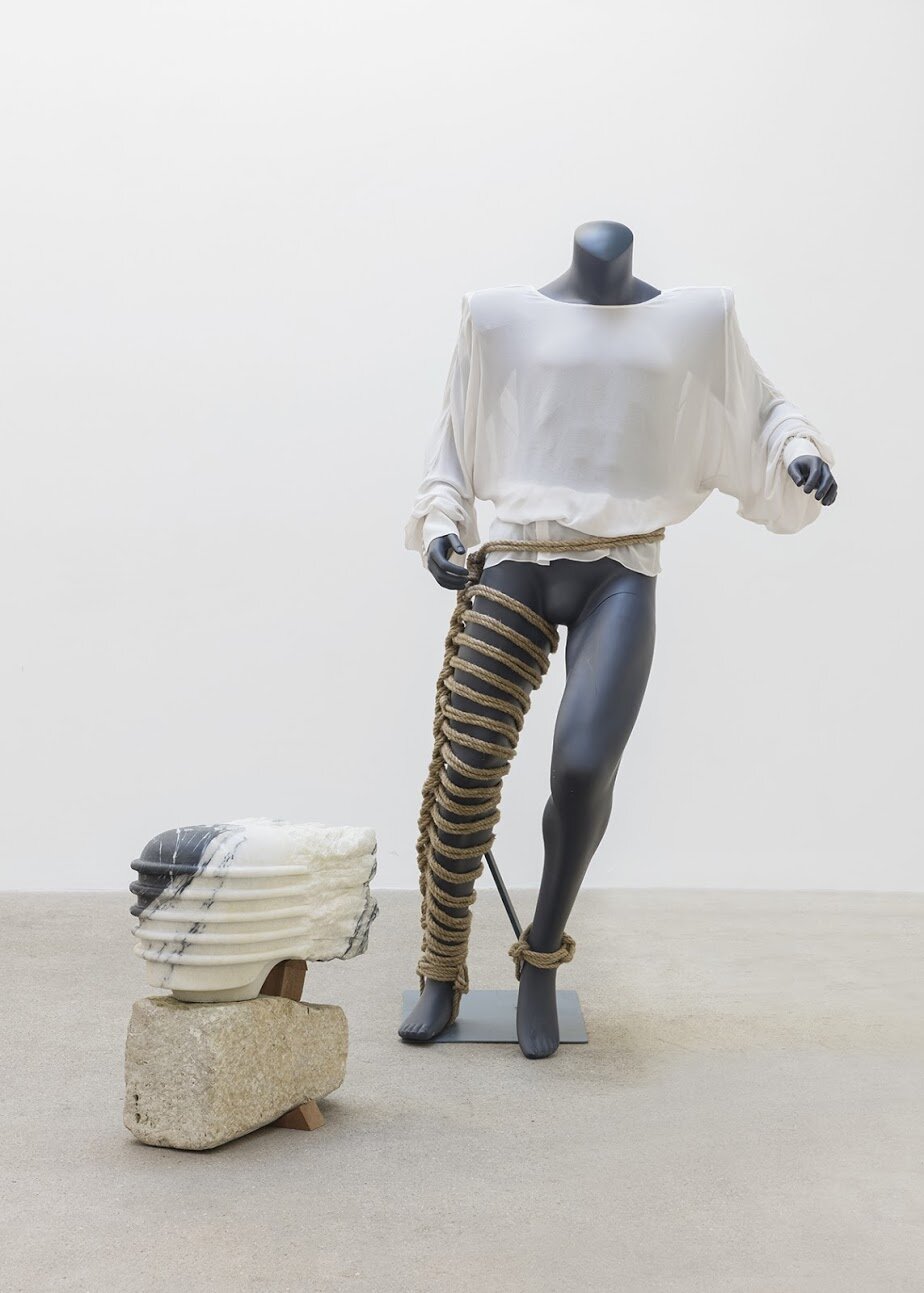  Bojan Sarcevic  Homo Sentimentalis (cuisse),  2020 Carved marble, limestone, birch wood, mannequin, silk blouse, jute rope Mannequin: 169 x 78 x 56 cm (66 1/2 x 30 3/4 x 22 inches) Head: 54 x 30 x 50 cm (21 1/4 x 11 3/4 x 19 5/8 inches) 