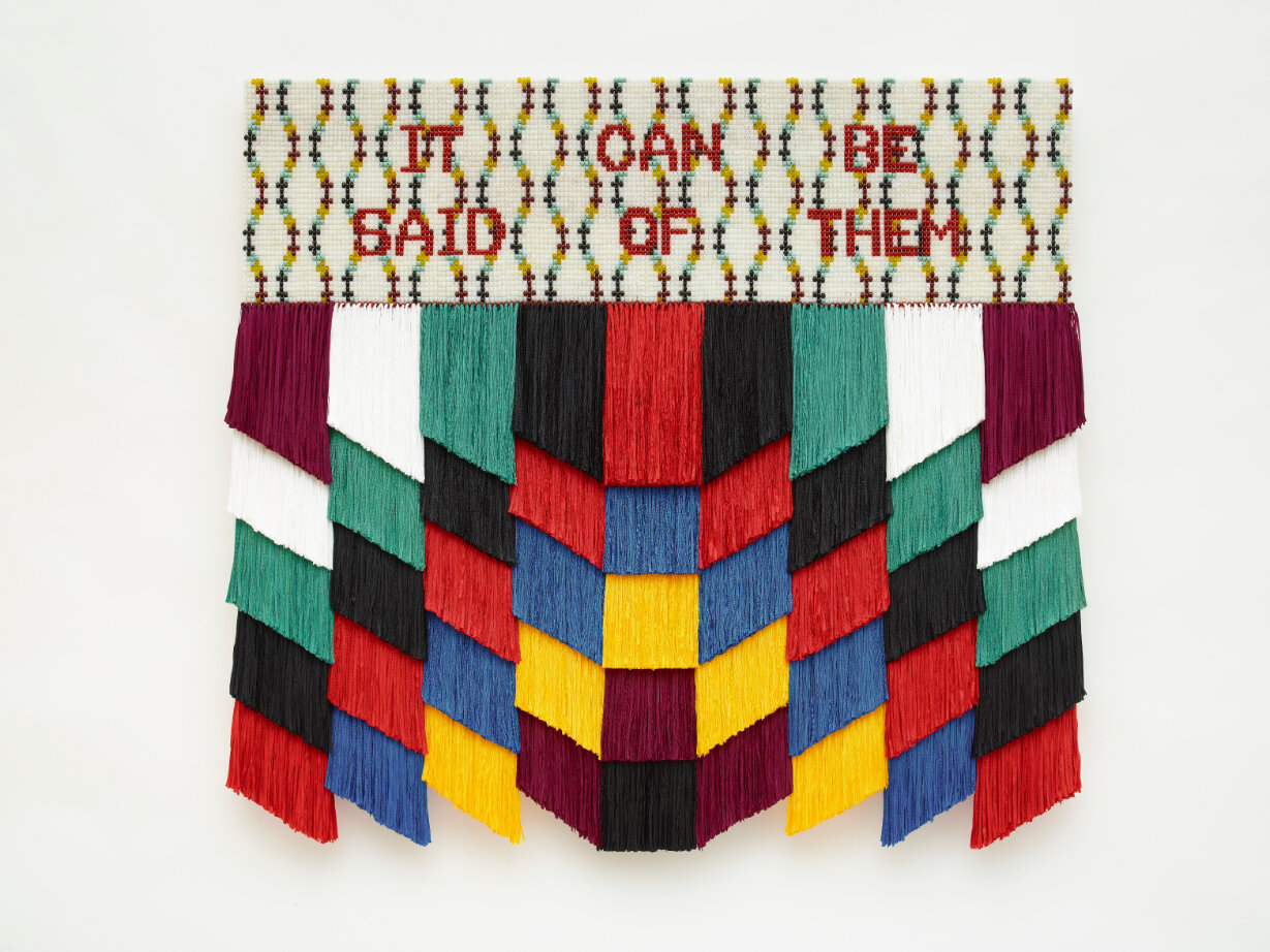  Jeffrey Gibson     IT CAN BE SAID OF THEM , 2020 Glass beads, artificial sinew, acrylic felt, nylon thread, nylon fringe, cotton canvas, wood panel 50 x 56 x 3.5 in (127 x 142.2 x 8.9 cm)   Courtesy of the artist and Roberts Projects, Los Angeles, C