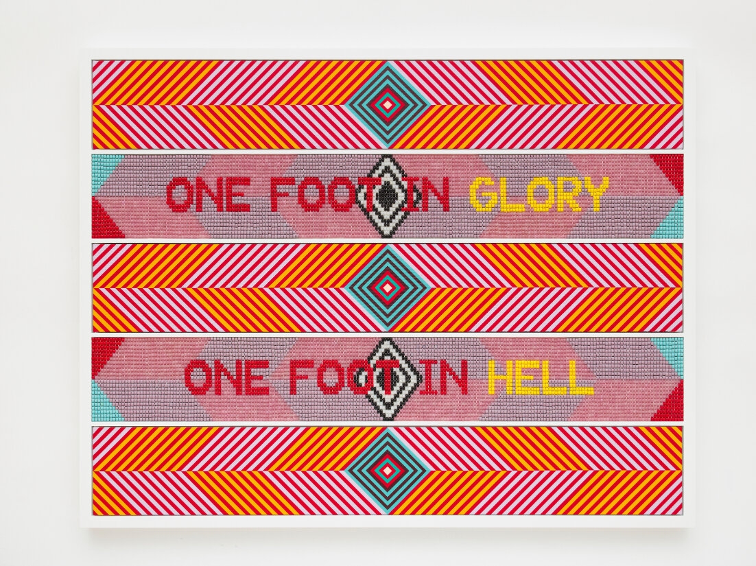  Jeffrey Gibson     ONE FOOT IN GLORY, ONE FOOT IN HELL , 2020 Acrylic on canvas, glass beads and artificial sinew inset into wood frame 56.5 x 44 in (143.5 x 111.8 cm)   Courtesy of the artist and Roberts Projects, Los Angeles, California; Photo Max