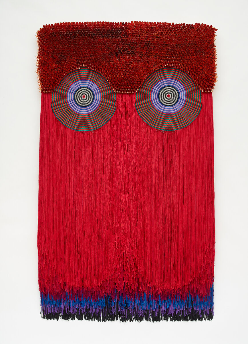  Jeffrey Gibson     Sentinal , 2020 Acrylic felt, nylon thread, artificial sinew, glass beads, copper coated tin jingles, nylon fringe, cotton canvas, wood panel 95 x 57.5 x 5.5 in (241.3 x 146.05 x 13.97 cm)   Courtesy of the artist and Roberts Proj