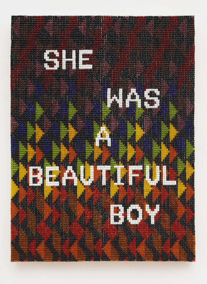  Jeffrey Gibson     SHE WAS A BEAUTIFUL BOY , 2020 Acrylic felt, cotton canvas, wood panel, nylon thread, glass beads, artificial sinew 40 x 30 x 2.75 in (101.6 x 76.2 x 7 cm)   Courtesy of the artist and Roberts Projects, Los Angeles, California; Ph