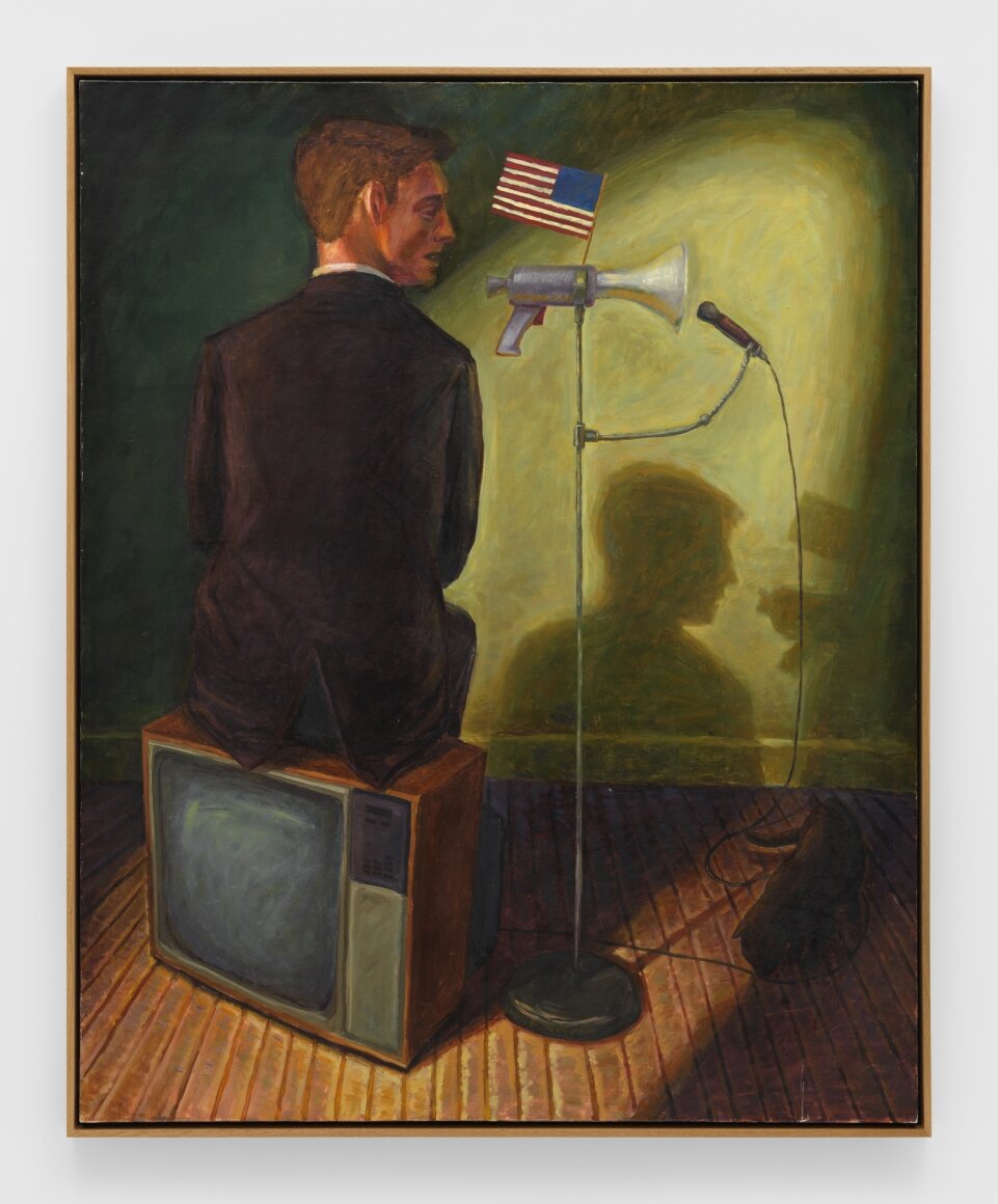   Flag, Megaphone , 1992 Signed, titled, and dated on verso Oil on canvas 72h x 58.13w in (182.88h x 147.64w cm) 