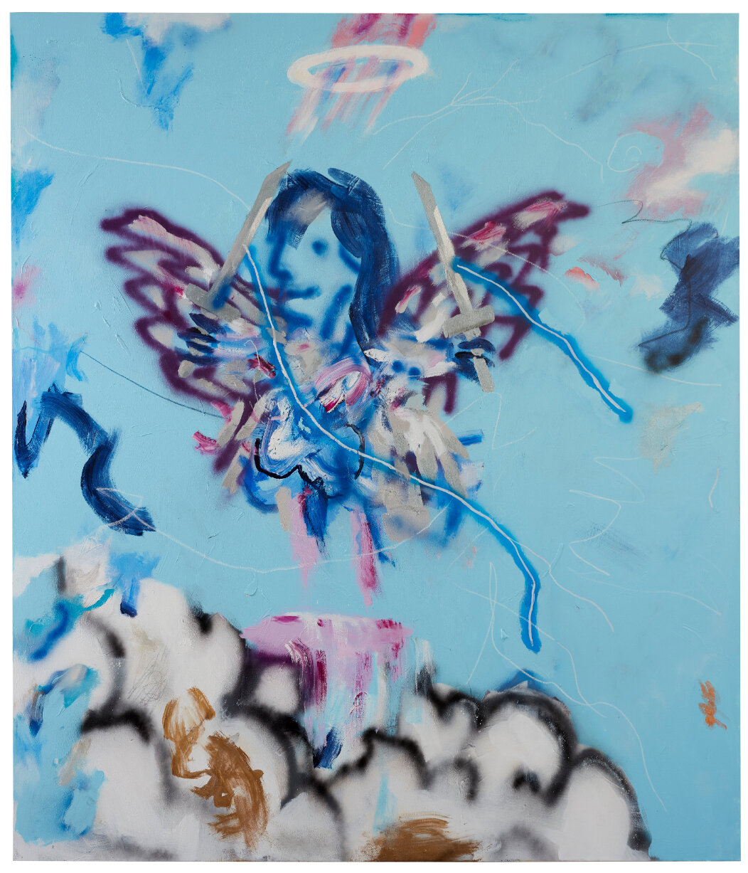  Robert Nava  Cloud Rider Angel , 2020 Acrylic and grease pencil on canvas 85 x 73 inches (215.9 cm x 185.4 cm) 