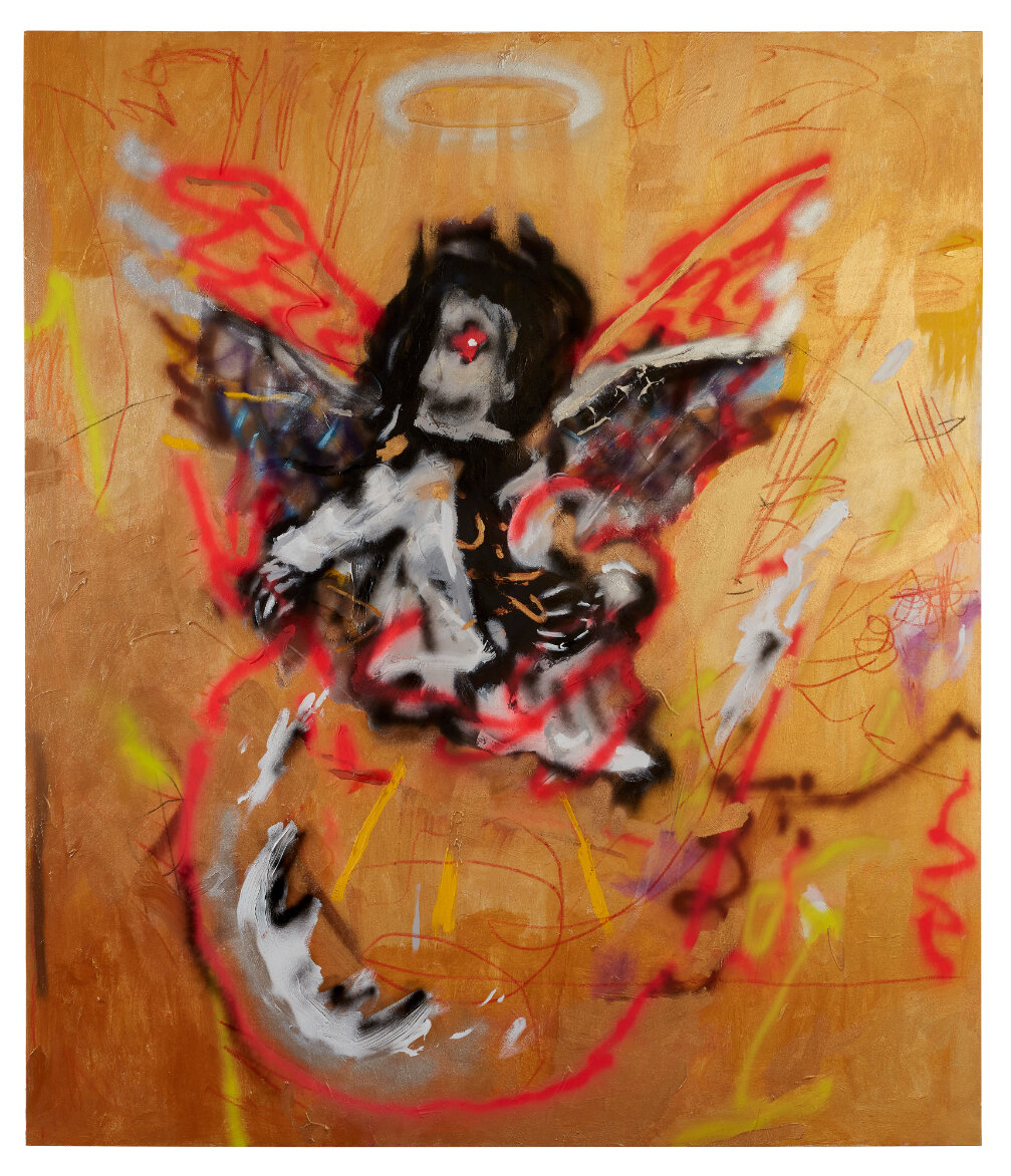  Robert Nava  Gold Sky and Wind Angel , 2020 Acrylic, grease pencil and crayon on canvas 85 x 73 inches (215.9 cm x 185.4 cm) 