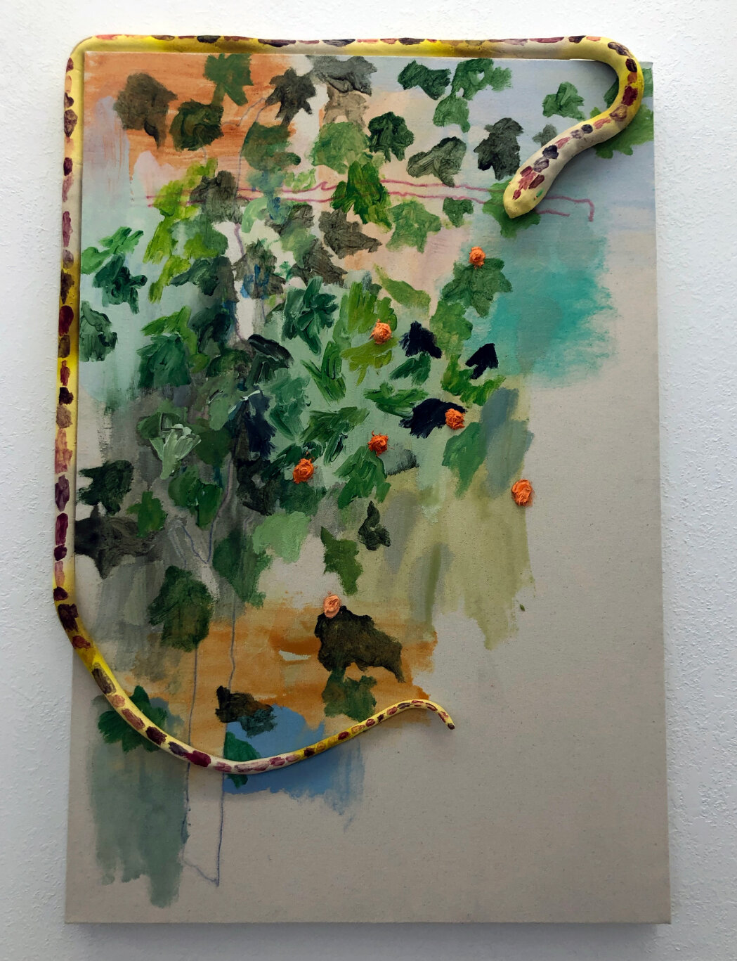  Ross Caliendo  Garden Snake , 2017 Oil, acrylic, and colored pencil on canvas with artist made clay snake frame  36.5 x 24.5 inches (92.71 x 62.23 cm) 