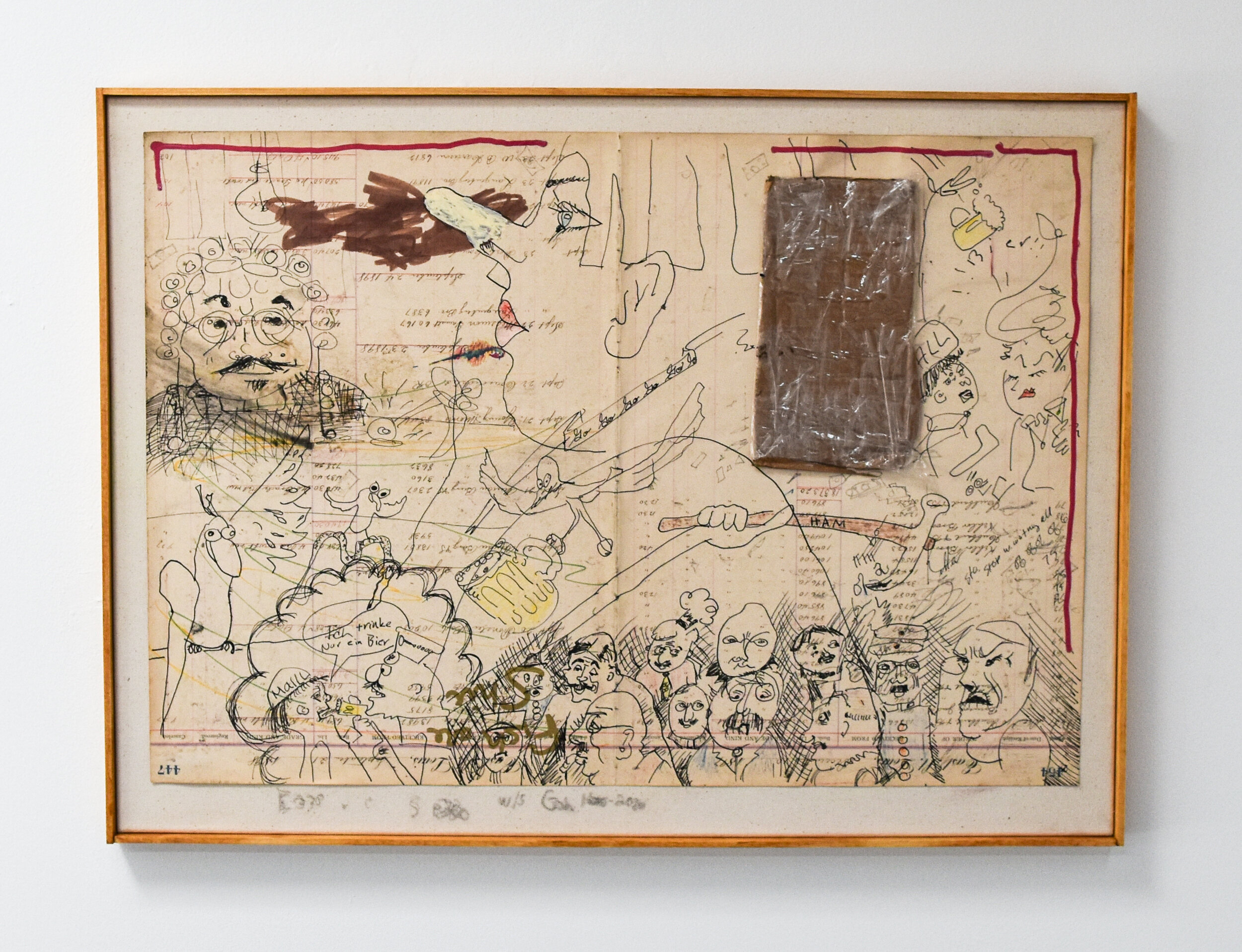  James Gobel  Bier , 2021 Vintage ledger paper, acrylic, ink, cardboard, packing tape, color pencil, bees wax, PVA on canvas, artist frame (30 in. x 22 in.) 