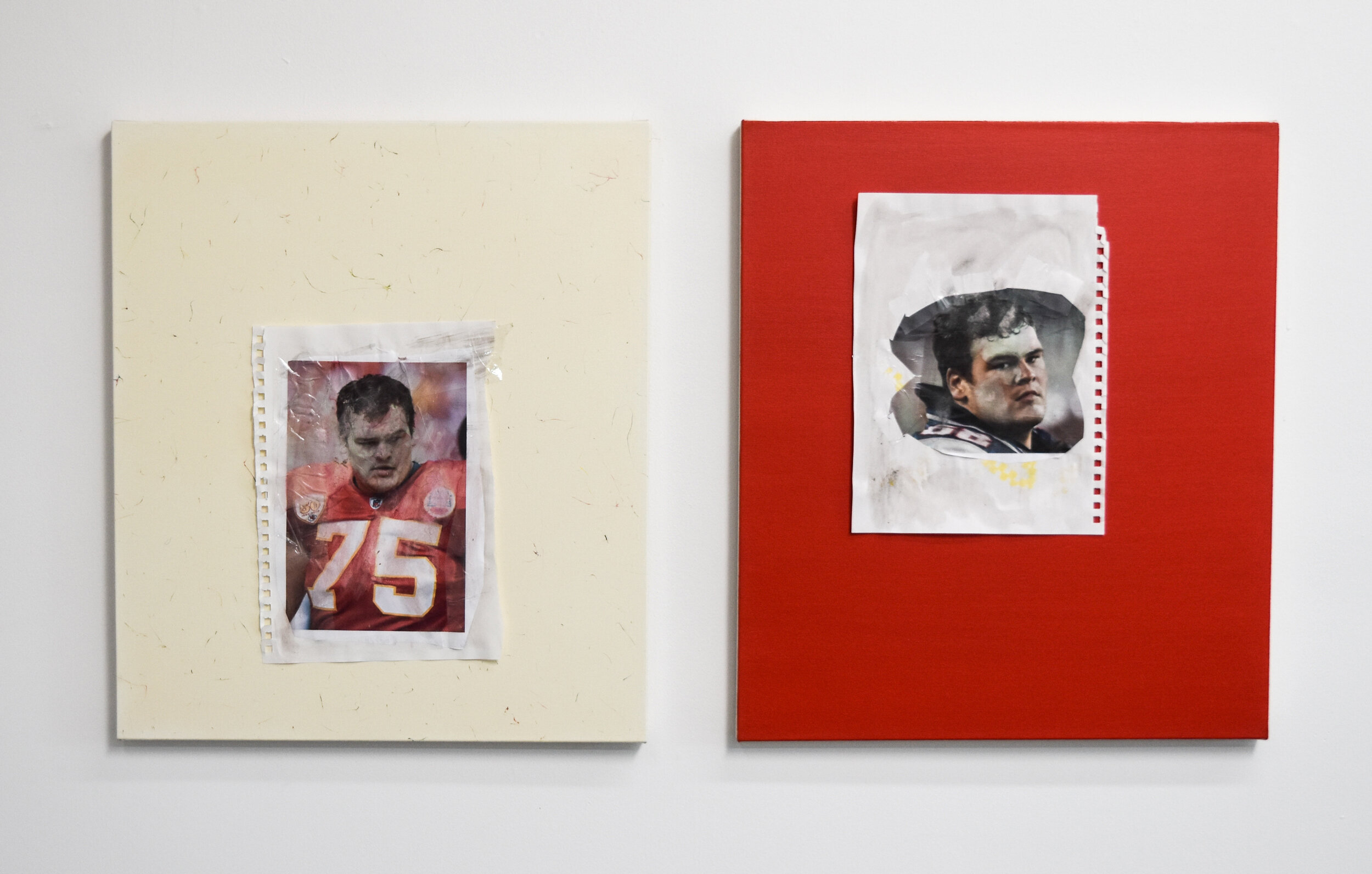  James Gobel  Ryan, and Kansas City Chiefs , 2021 Oil, paper, inkjet print, ink, packing tape &amp; PVA on canvas (22 in.&nbsp;x 19 in.) - Left  James Gobel  Ryan, New England Patriot , 2021 Oil, paper, inkjet print, ink, packing tape &amp; PVA on ca