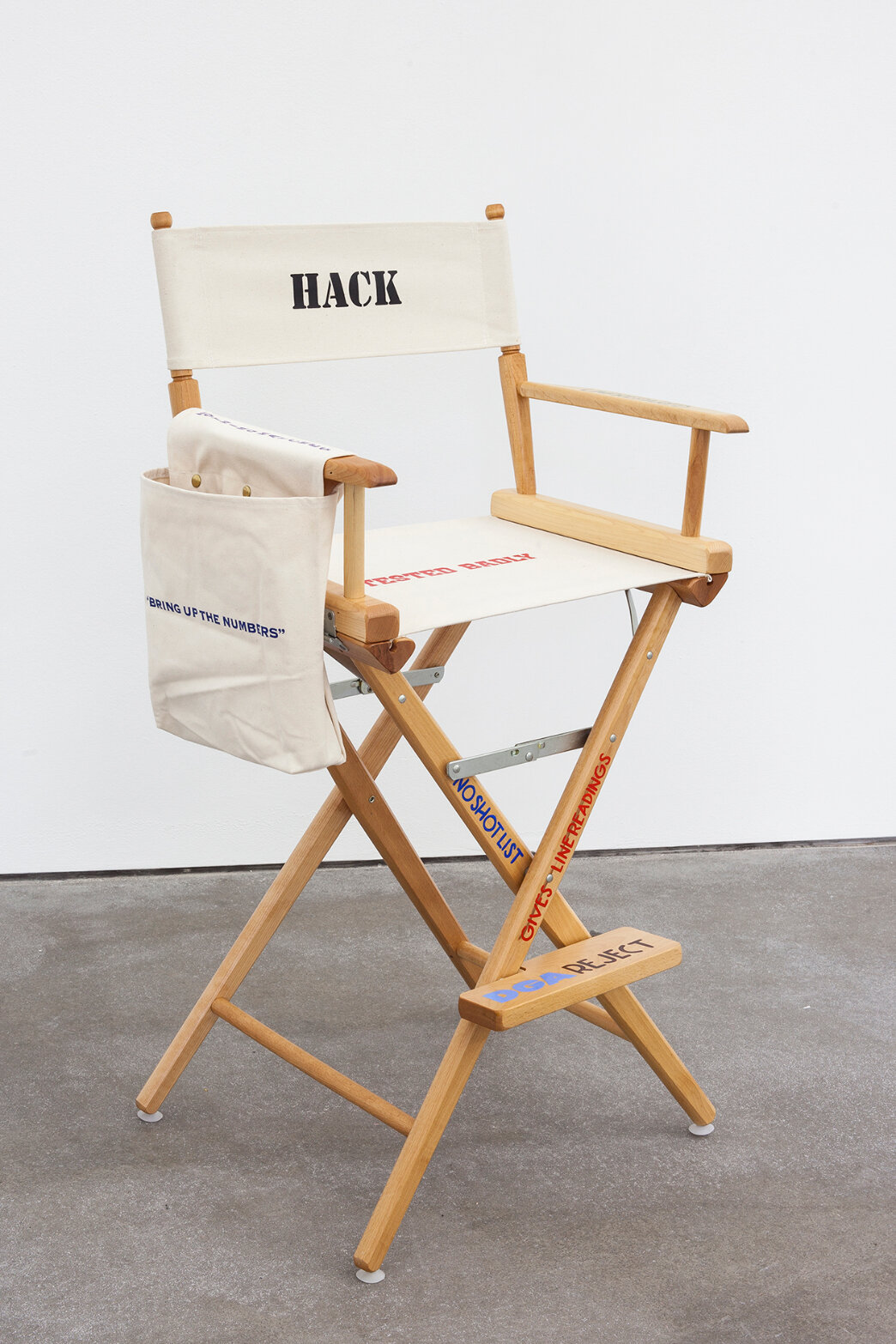   John Waters     Bad Director's Chair , 2006 Canvas, wood, steel, paint with leather bound script 116.8 × 62.2 × 55.9 cm / 46 × 24 1/2 × 22 inches © John Waters Courtesy the artist and Sprüth Magers  