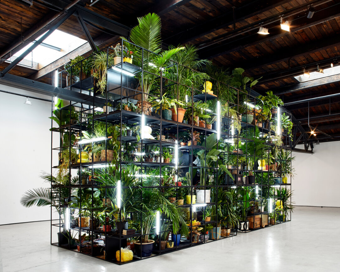  Rashid Johnson  Antoine’s Organ , 2016 Black steel, grow lights, plants, wood, shea butter, books, monitors, rugs, piano 189 x 338 x 126 3/4 in (480 x 858.5 x 322 cm) © Rashid Johnson. Courtesy the artist and Hauser &amp; Wirth 