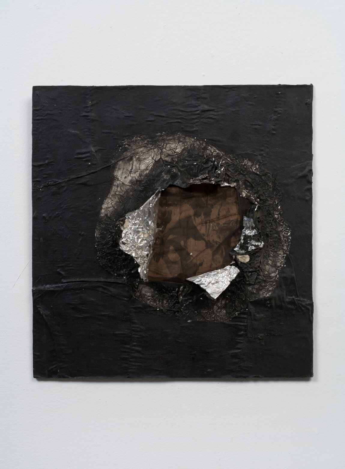  Jack Whitten  Birmingham , 1964.  Aluminum foil, newsprint, stocking, and oil on plywood 16 5/8 x 16 in (42.2 x 40.6 cm).  Collection Joel Wachs. © Courtesy the Jack Whitten Estate and Hauser &amp; Wirth 