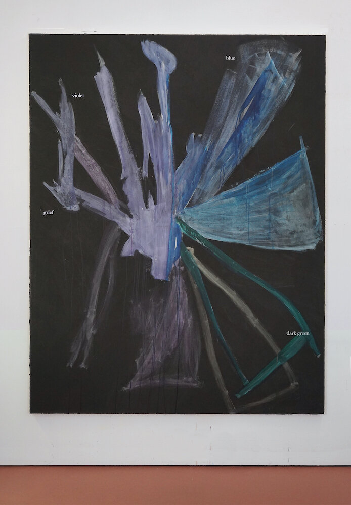 Henry Chapman     grief violet blue dark green , 2020 Acrylic and screen-printing ink on canvas 70.86 x 55.1 in (180 x 140 cm) Courtesy of the artist and Gavlak Los Angeles | Palm Beach  