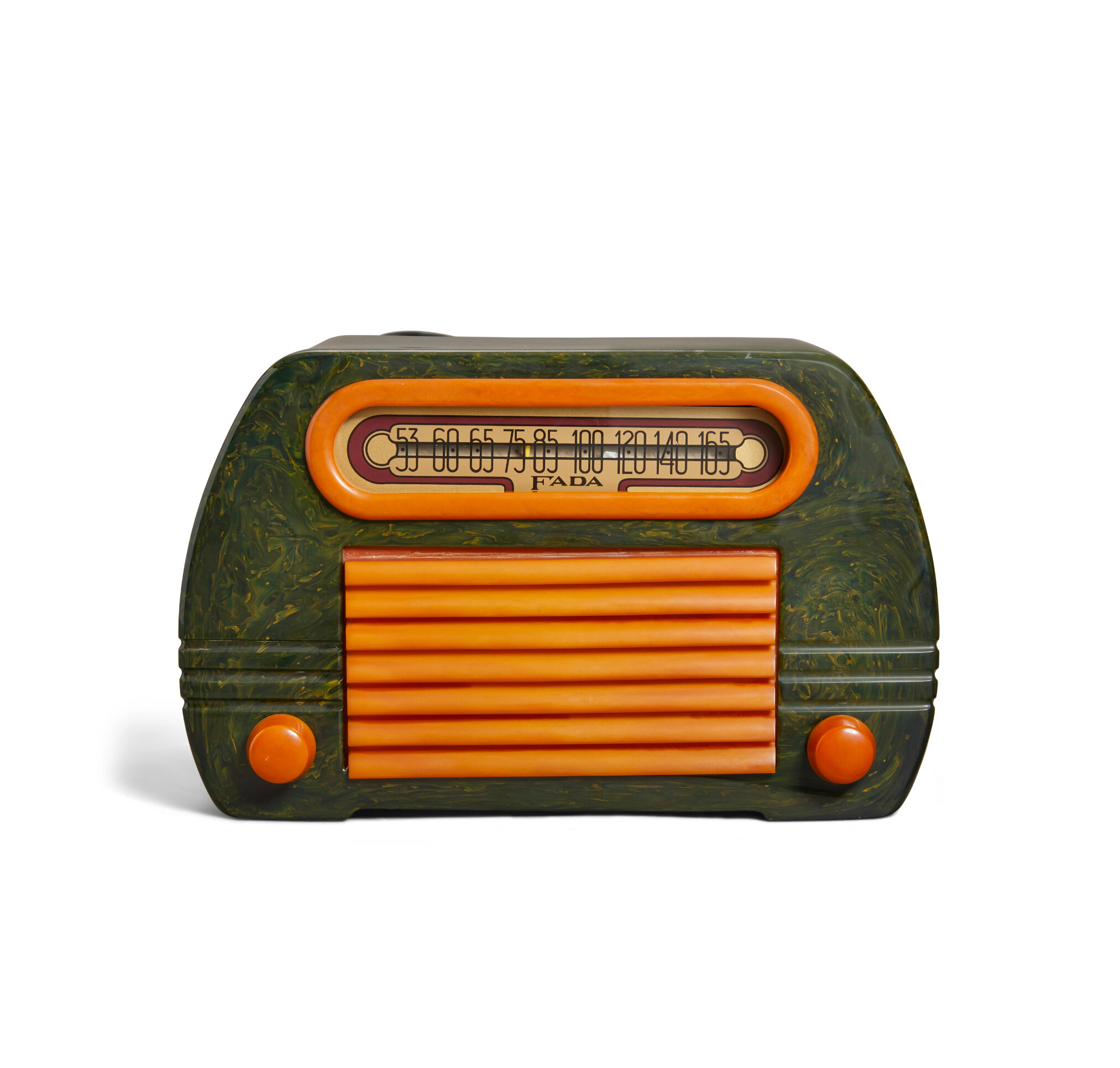  LOT 256 FADA   652 Radio With Insert Grill 1945 blue and yellow catalin  height 6 3/4in (17cm); width 10 1/2in (27cm); depth 6 1/4in (16cm)  US$ 3,000 - 5,000 £ 2,200 - 3,600 