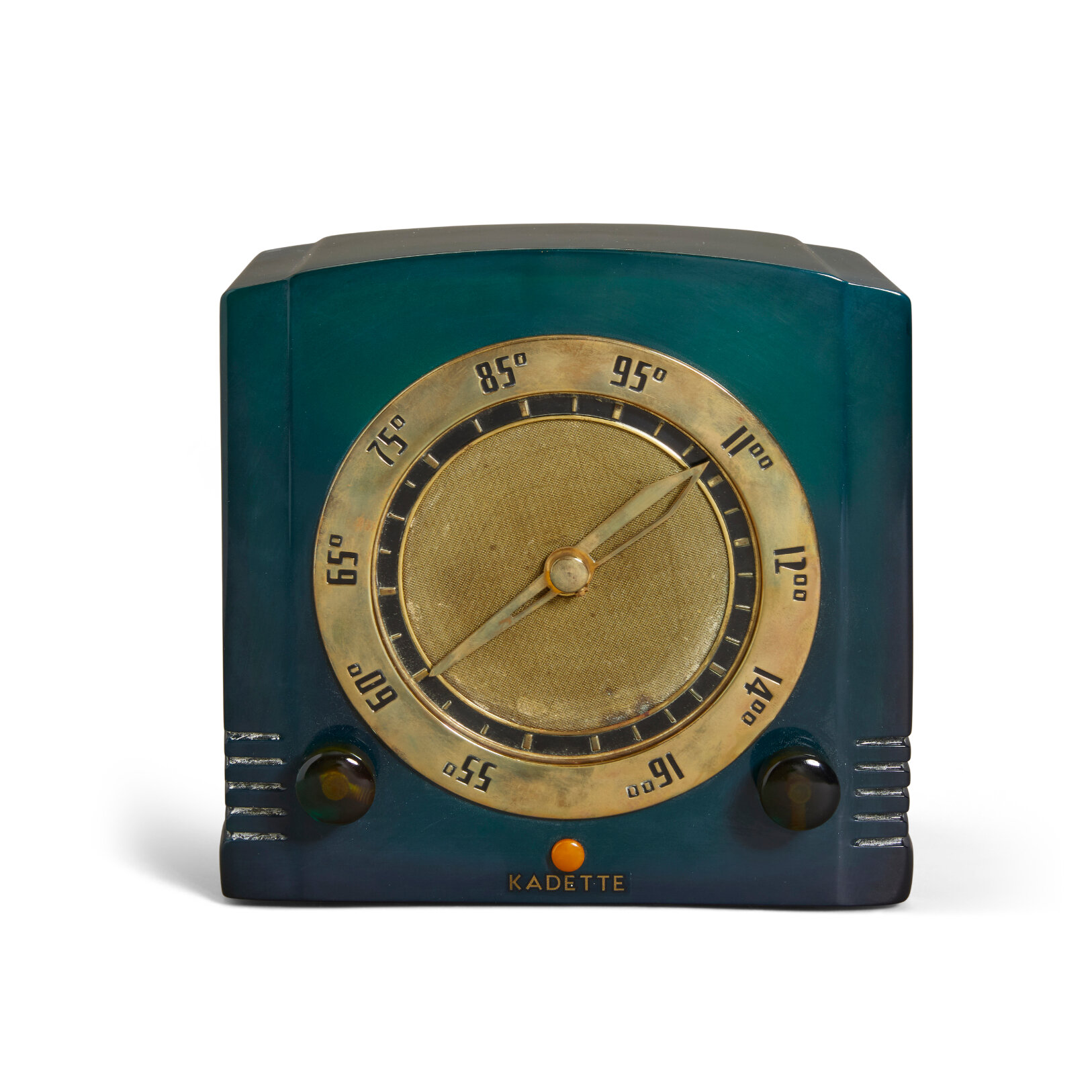  LOT 272 KADETTE   K-26 Clockette 1937 dark blue catalin  height 7 1/2in (19cm); width 8in (20cm); depth 5 1/4in (13.5cm)  US$ 8,000 - 10,000 £ 5,800 - 7,300 