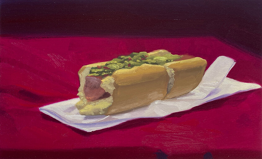  Patrick Bayly  Hot dog , 2020 oil on paper 8 x 12 1/4 inches (20.3 x 31.1 cm) 