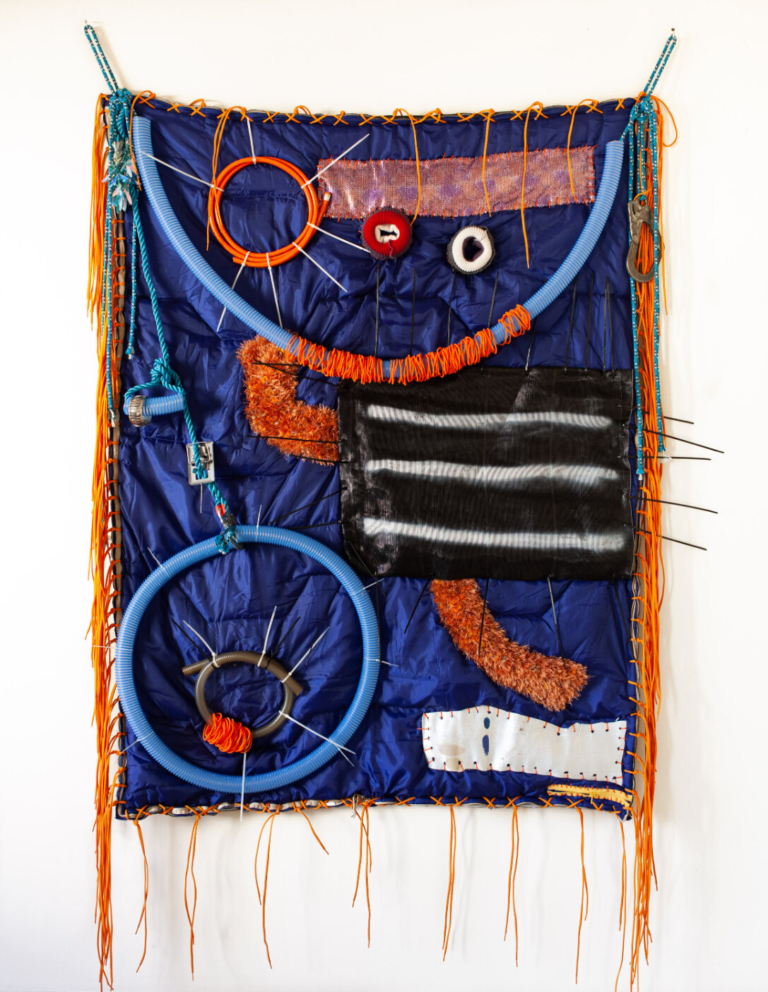  Randolpho Lamonier&nbsp;  Aedes Aegypti , 2019&nbsp; Mixed media (Rope, plastic, leather, painting and objects on fabric) 94.5 x 55 in.&nbsp; RL001     