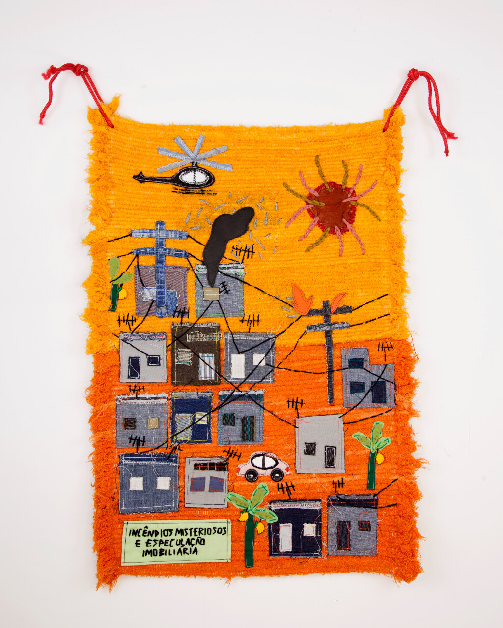  Randolpho Lamonier&nbsp;  Incêndios misteriosos e especulação imobiliária (Mysterious fires and real estate speculation) , 2021 Mixed media (Fabric, embroidery, leather and buttons on carpet)&nbsp; 47.5 x 18 in.&nbsp; RL003     