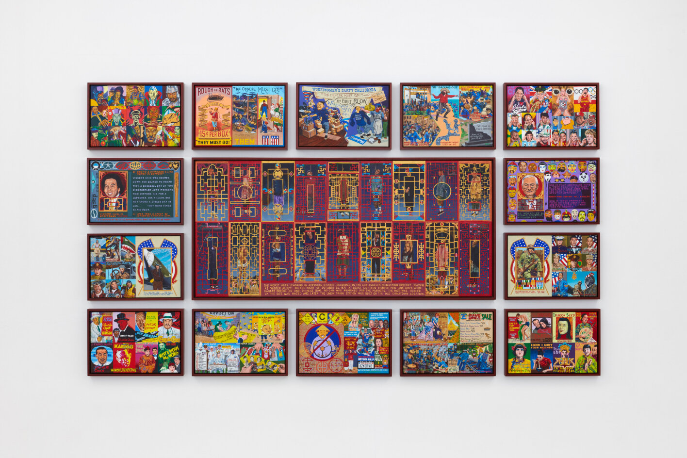  Ben Sakoguchi  Chinatown , 2014 Acrylic on canvas, wooden frames (15 panels) 53 x 91 in (134.6 x 231.1 cm)  