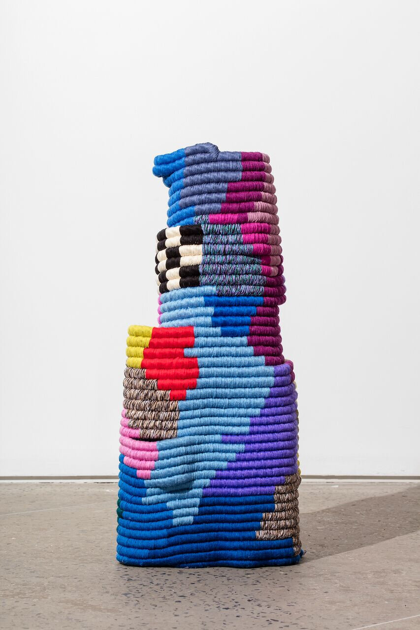  Sarah Zapata  Character of Color Phenomena (Vessel) , 2017  Hand coiled natural and synthetic fiber, rope 26.5 x 11 x 11.75 in (67.3 x 27.9 x 29.8 cm)  