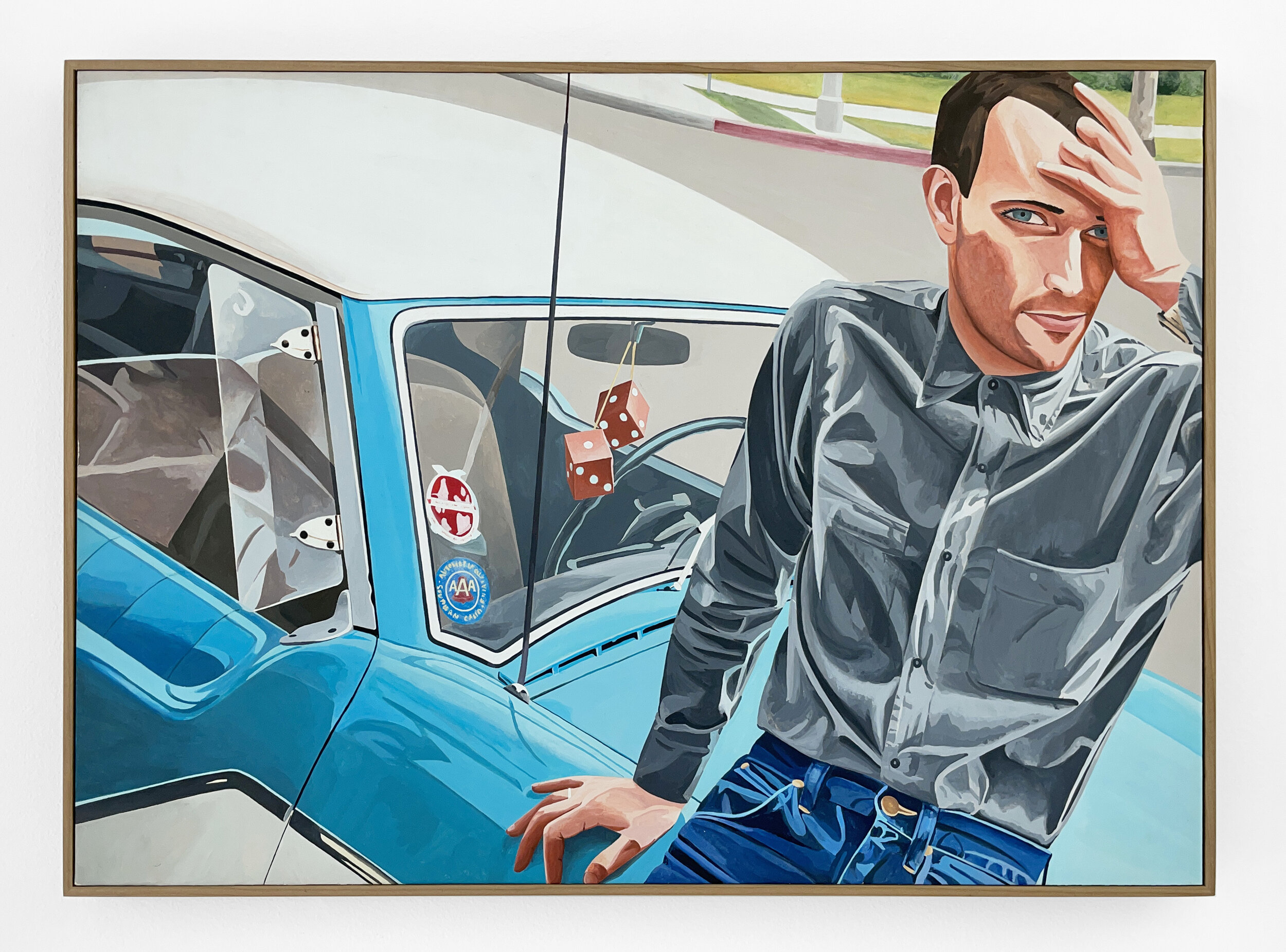  “Jules”, 1980, Acrylic on board, mounted on panel, 20.5 x 28.5 inches   Jules Bates with one of the Nash Metropolitans that he had carefully restored. Jules made iconic photographs of bands such as Devo, The Go Gos and The Weirdos. He often photogra
