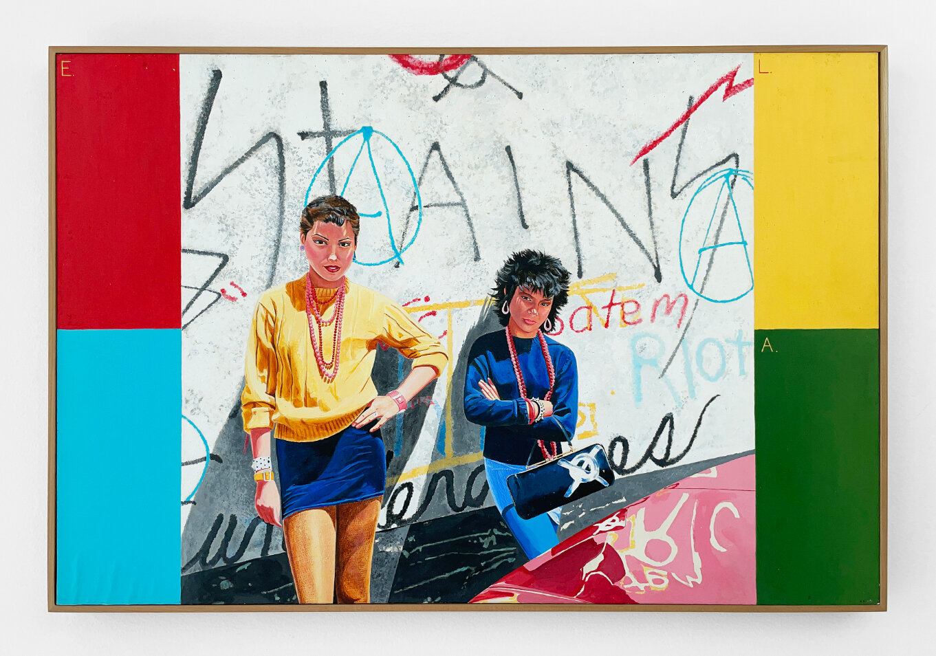  “Rochelle and Sandy”, 1980, acrylic on board, mounted on panel, 20.75 x 30.5 inches   I met Sandy and Rochelle when X played at Self-Help Graphics in Boyle Heights. I painted them in front of the wall of Brave Dog, a post-punk club that was next to 