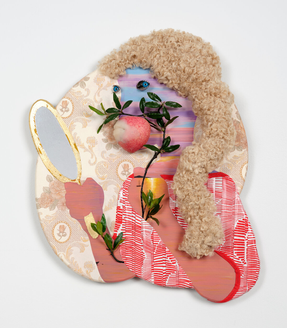  Miguel Angel Payano Jr.   Old Mirror Sunset , 2021 Wallpaper, wrapping paper, mirrored plastic, faux gold foil, faux peach, silicon, faux wood, plastic twigs, faux leaves, aluminum bottle caps, plastic pupils, aluminum wire, hardware, various glues,