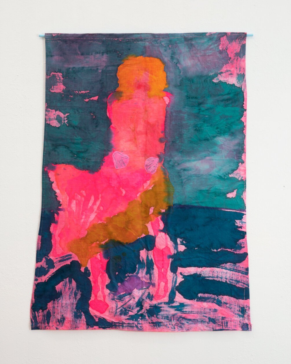  JENNIFER SULLIVAN  Pink Courtney Versace Ad , 2021 38 x 28 in (96.52 x 71.12 cm) Dye and thread on hand dyed cotton with painted wooden dowel 