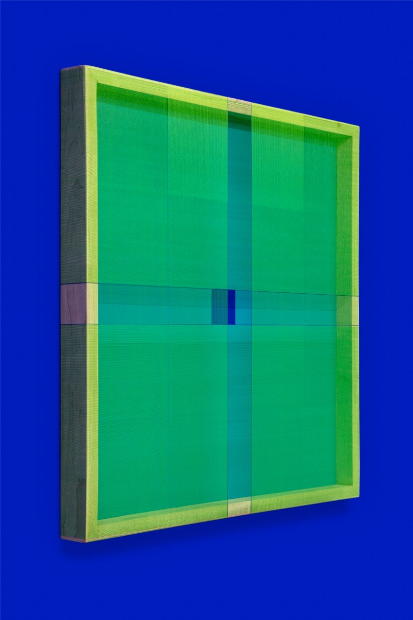  Brian Wills  Untitled (Green on turquoise with square) , 2021 - 2022 Single strand poly layered with acrylic and YKB 24 x 24 in (61 x 61 cm) Courtesy of the Artist and OCHI. 